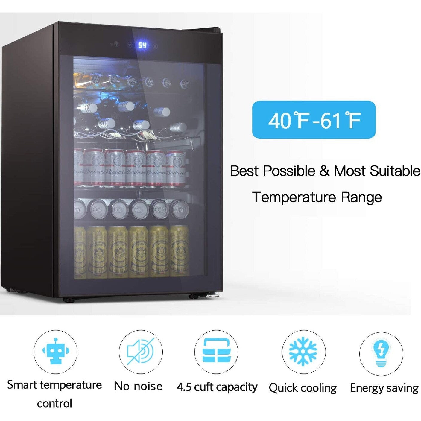 Cantinetta frigo da 4,4 piedi cubi con luci LED e pulsanti touch, ripiani rimovibili, meno di 38 dB