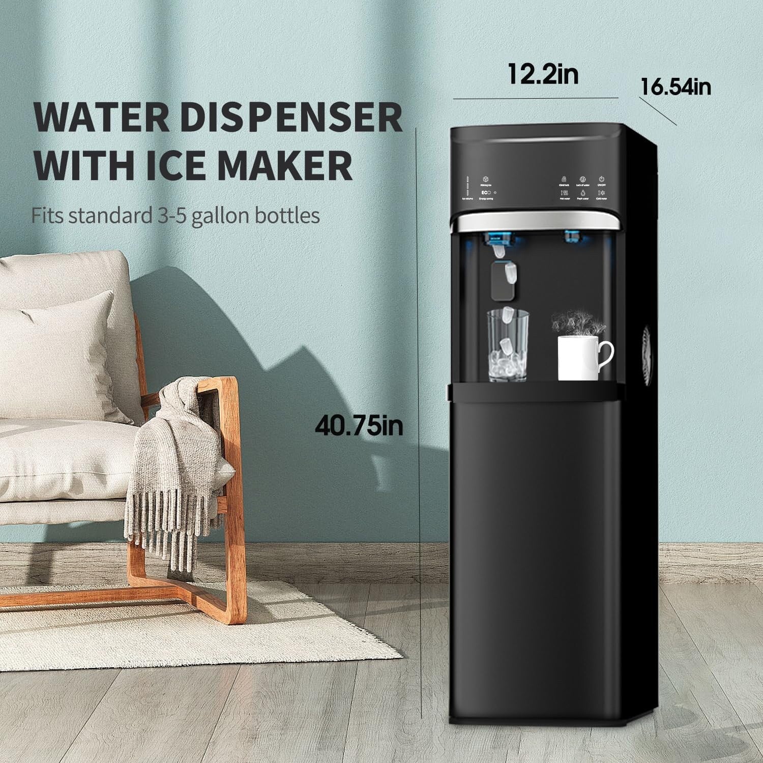 Distributori di acqua calda e fredda 3 in 1 neri con fabbricatore di ghiaccio
