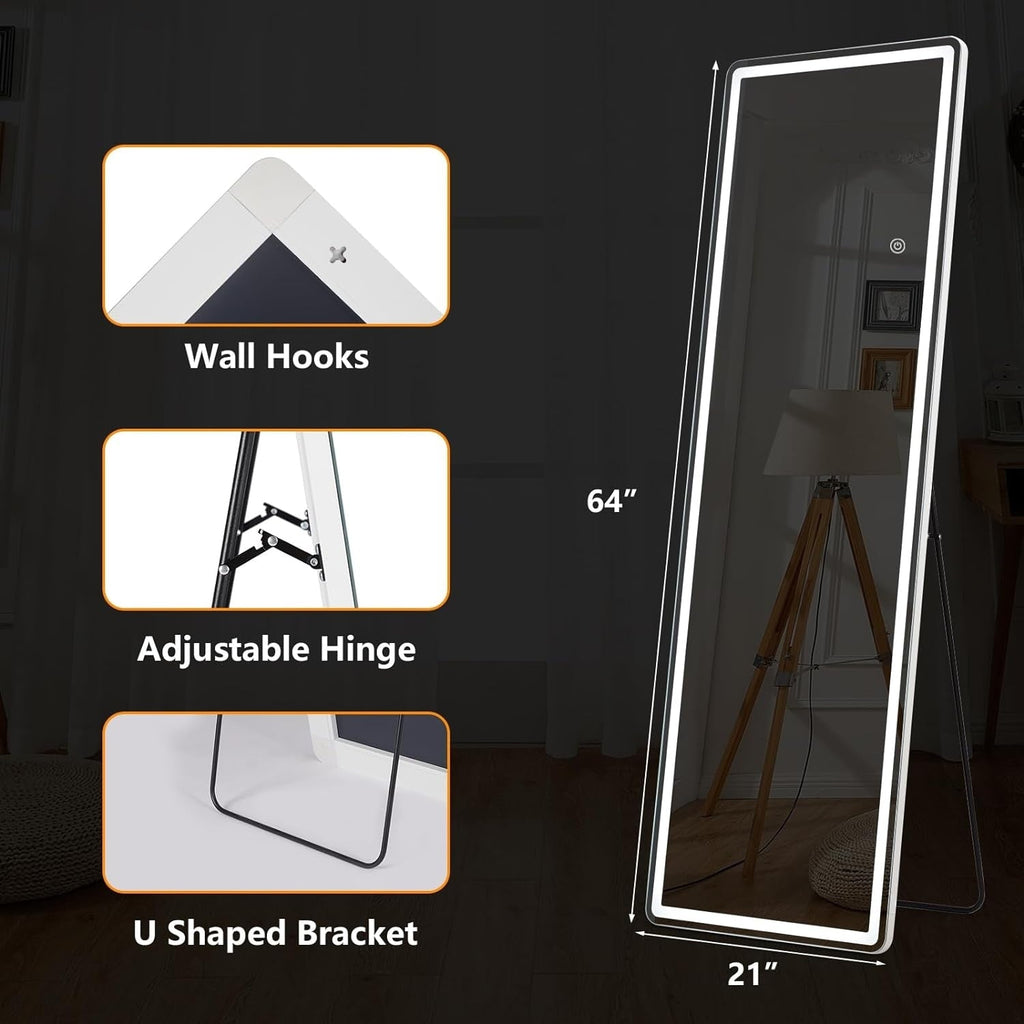Specchio da terra con luce LED, specchio a figura intera 64 x 21 con supporto, specchio sospeso, specchio da parete, specchio a figura intera