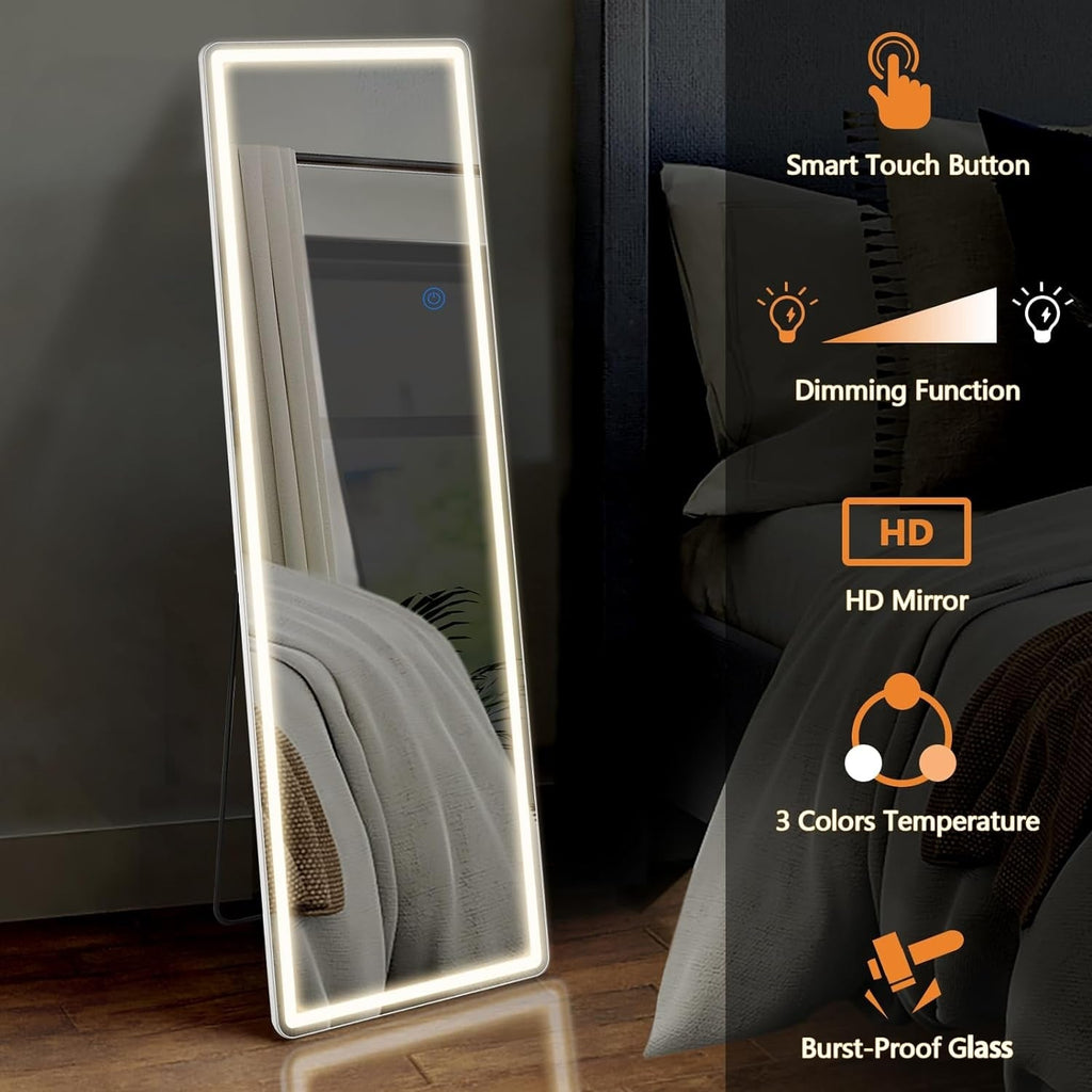 Specchio da terra con luce LED, specchio a figura intera 64 x 21 con supporto, specchio sospeso, specchio da parete, specchio a figura intera