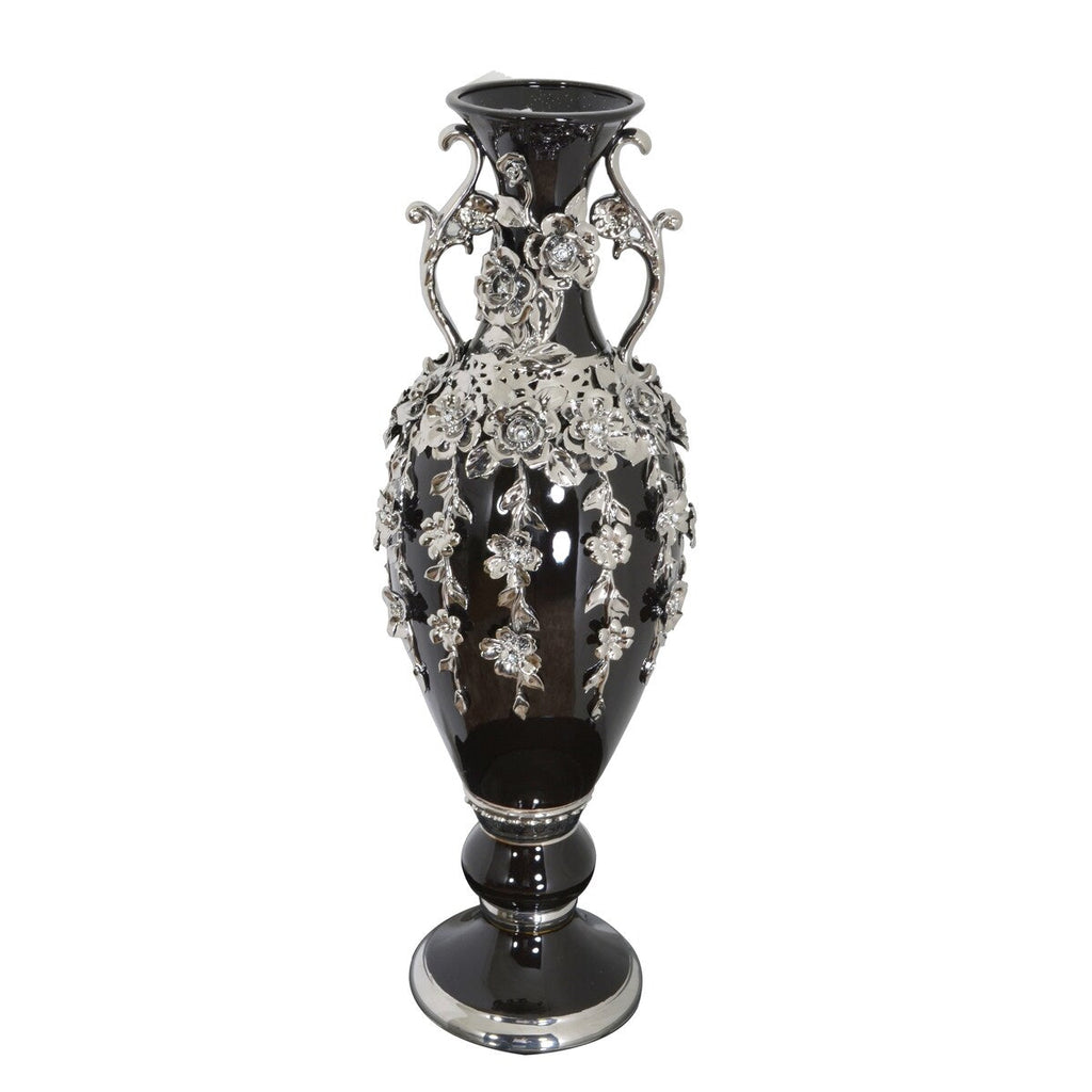 Splendido vaso con fioriera nera e argento, alto 35 pollici