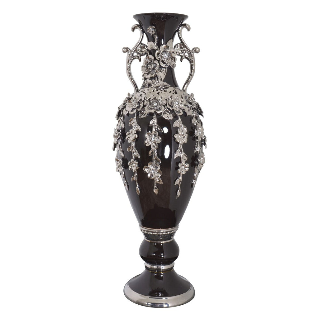 Splendido vaso con fioriera nera e argento, alto 35 pollici
