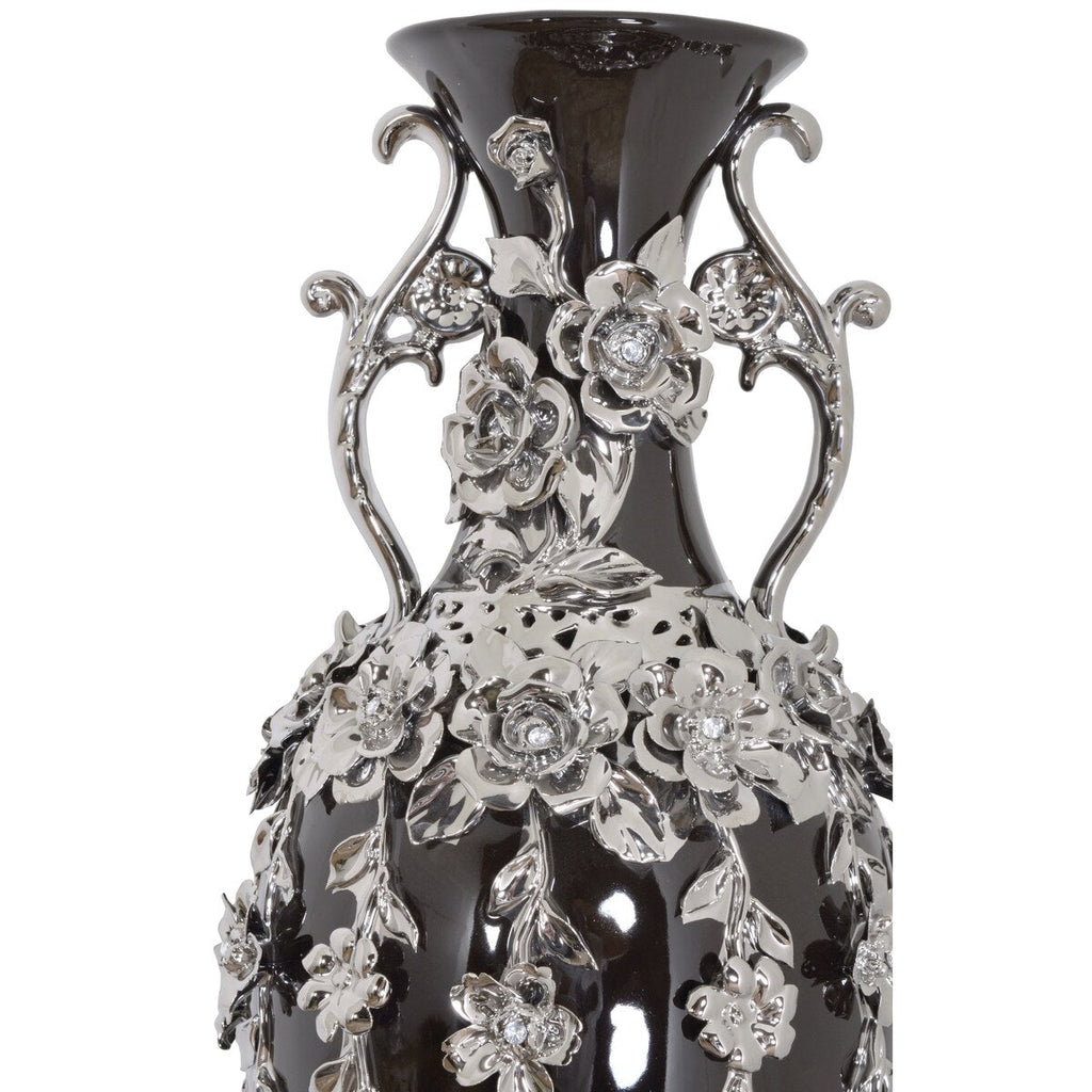 Splendido vaso con fioriera nera e argento, alto 35 pollici