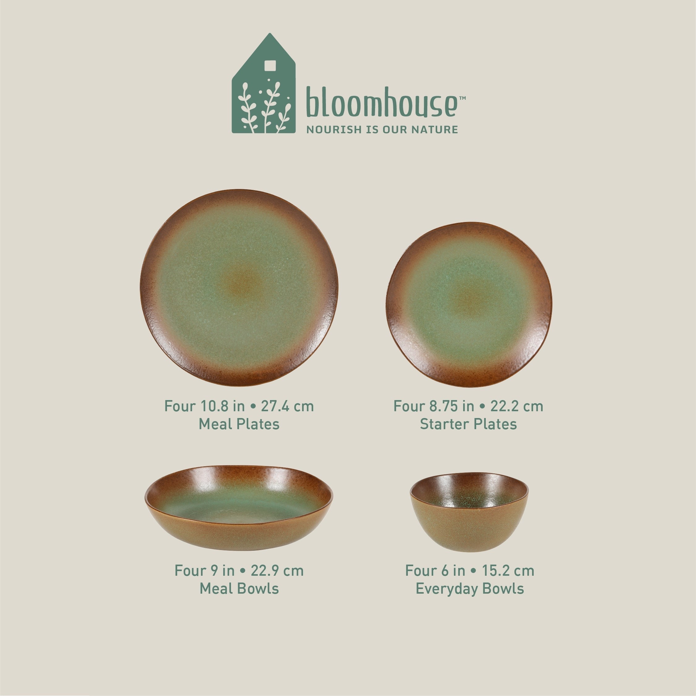 Bloomhouse Palermo Sun, set di 16 piatti e ciotole in gres con doppia ciotola e smalto reattivo