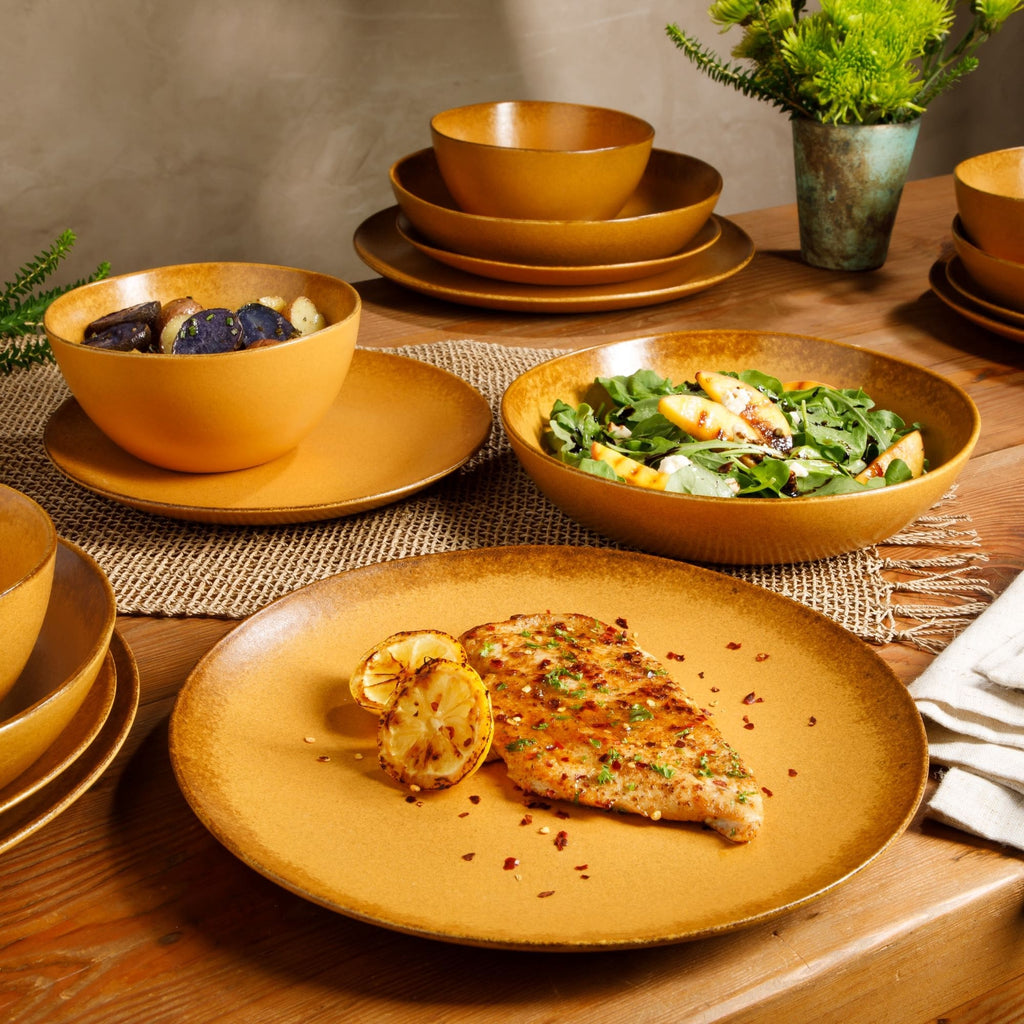 Bloomhouse Palermo Sun, set di 16 piatti e ciotole in gres con doppia ciotola e smalto reattivo