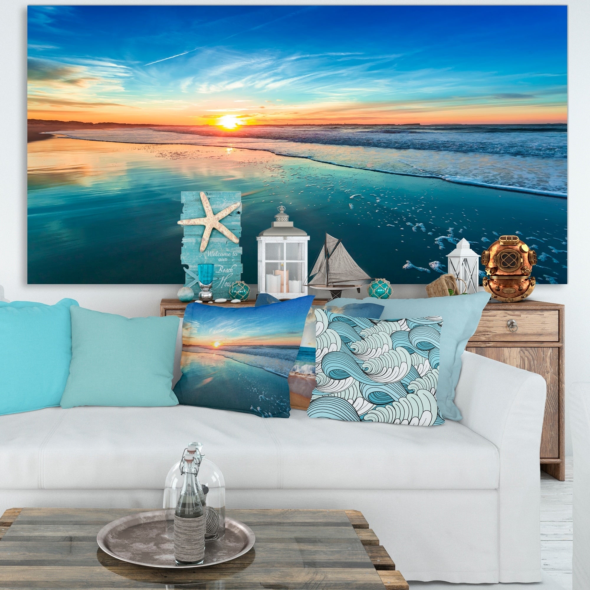 Spiaggia blu con tramonto lontano - Tela artistica da parete con spiaggia