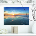 Spiaggia blu con tramonto lontano - Tela artistica da parete con spiaggia