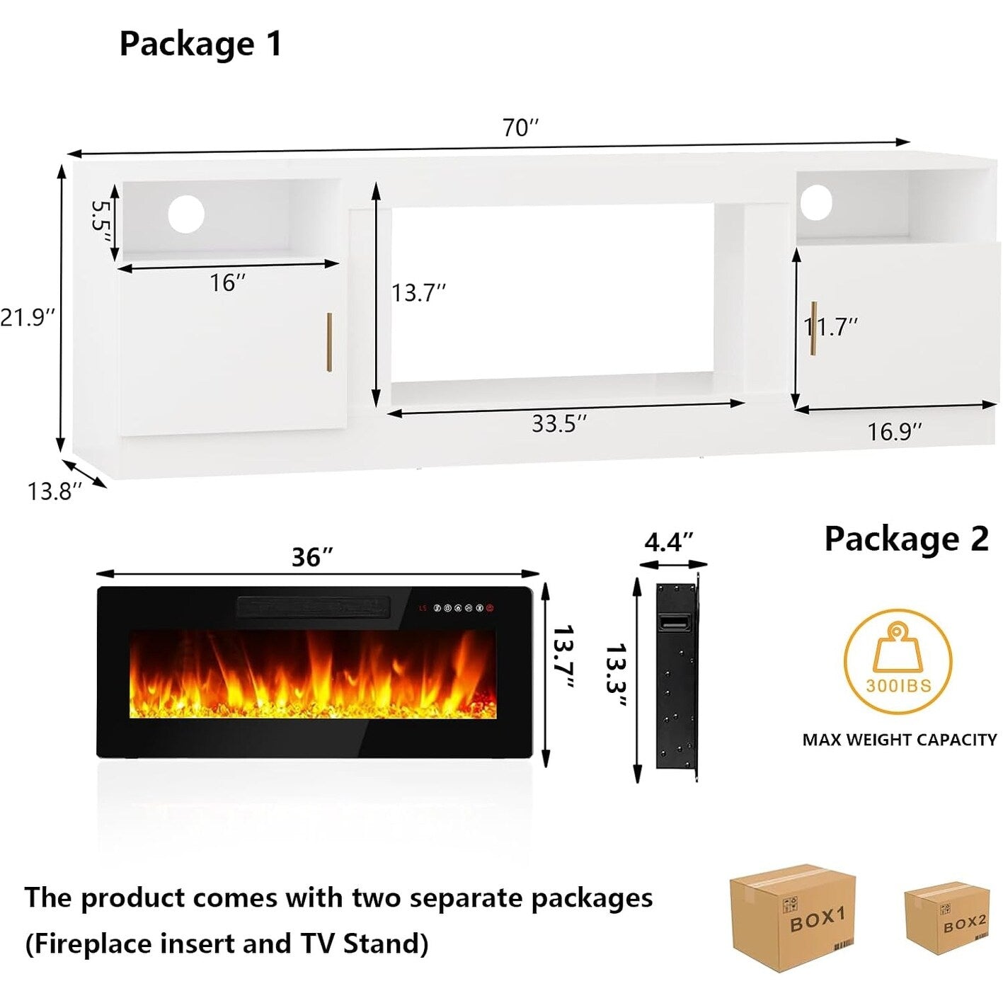 Mobile TV con camino Bossin 70 con camino elettrico da 36 pollici, mobile TV per TV fino a 80 pollici, luci LED a 16 colori/centro di intrattenimento