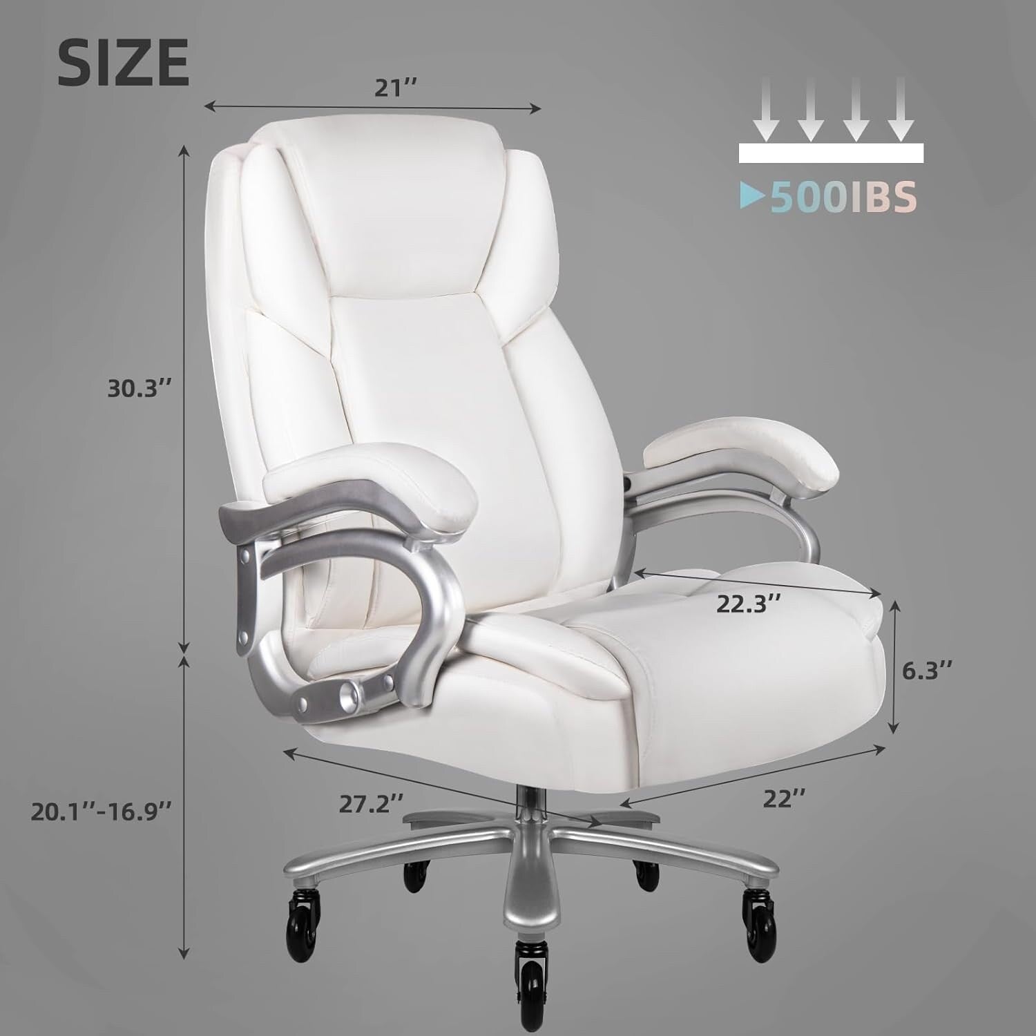 Sedia da ufficio Bossin Big and Tall Executive, sedia ergonomica con supporto lombare regolabile da 500 libbre, schienale alto in pelle PU per computer