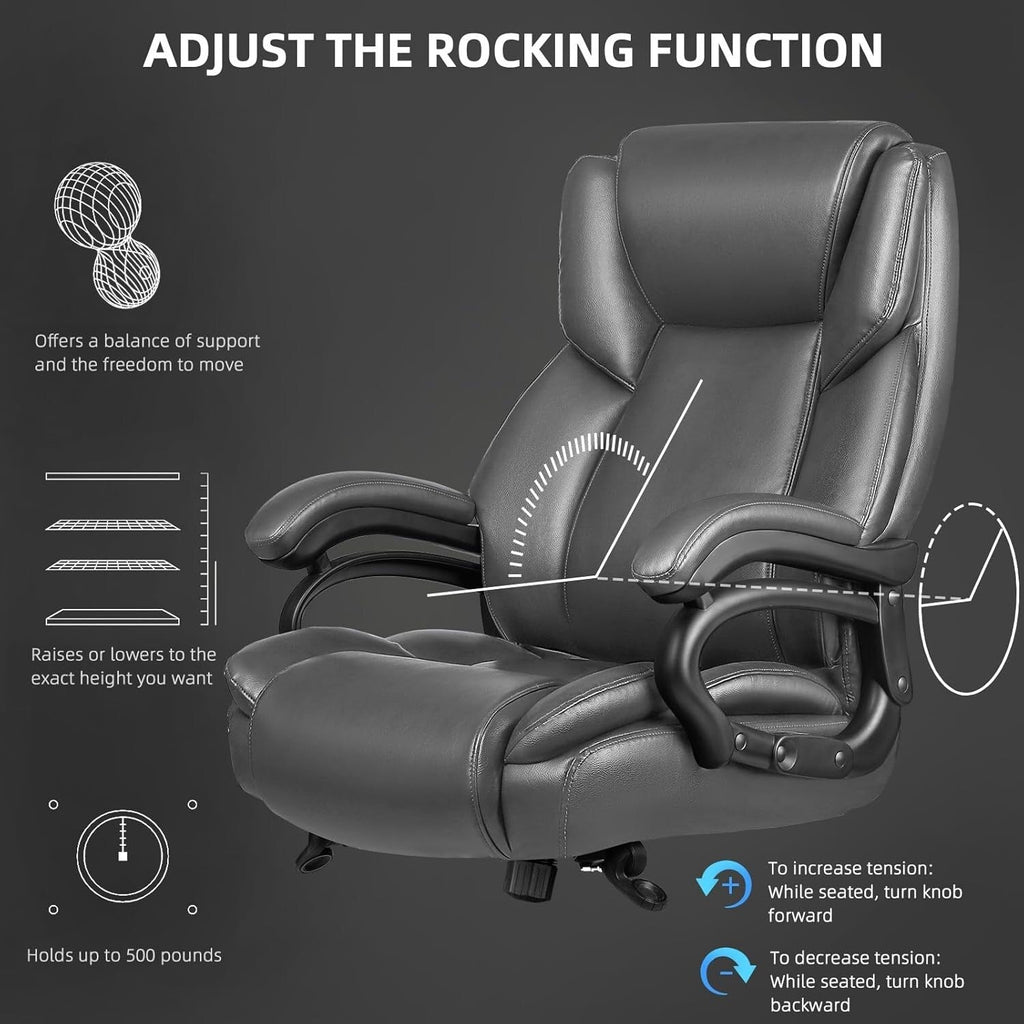 Sedia da ufficio Bossin Big and Tall Executive, sedia ergonomica con supporto lombare regolabile da 500 libbre, schienale alto in pelle PU per computer