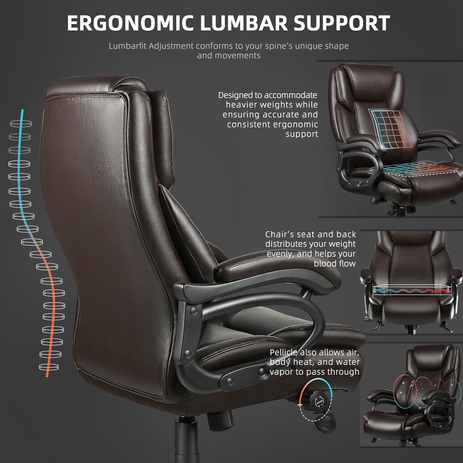 Sedia da ufficio Bossin Big and Tall Executive, sedia ergonomica con supporto lombare regolabile da 500 libbre, schienale alto in pelle PU per computer