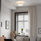 Lampada da soffitto Burnaby Mid-Century Modern con paralume a tamburo in lino bianco