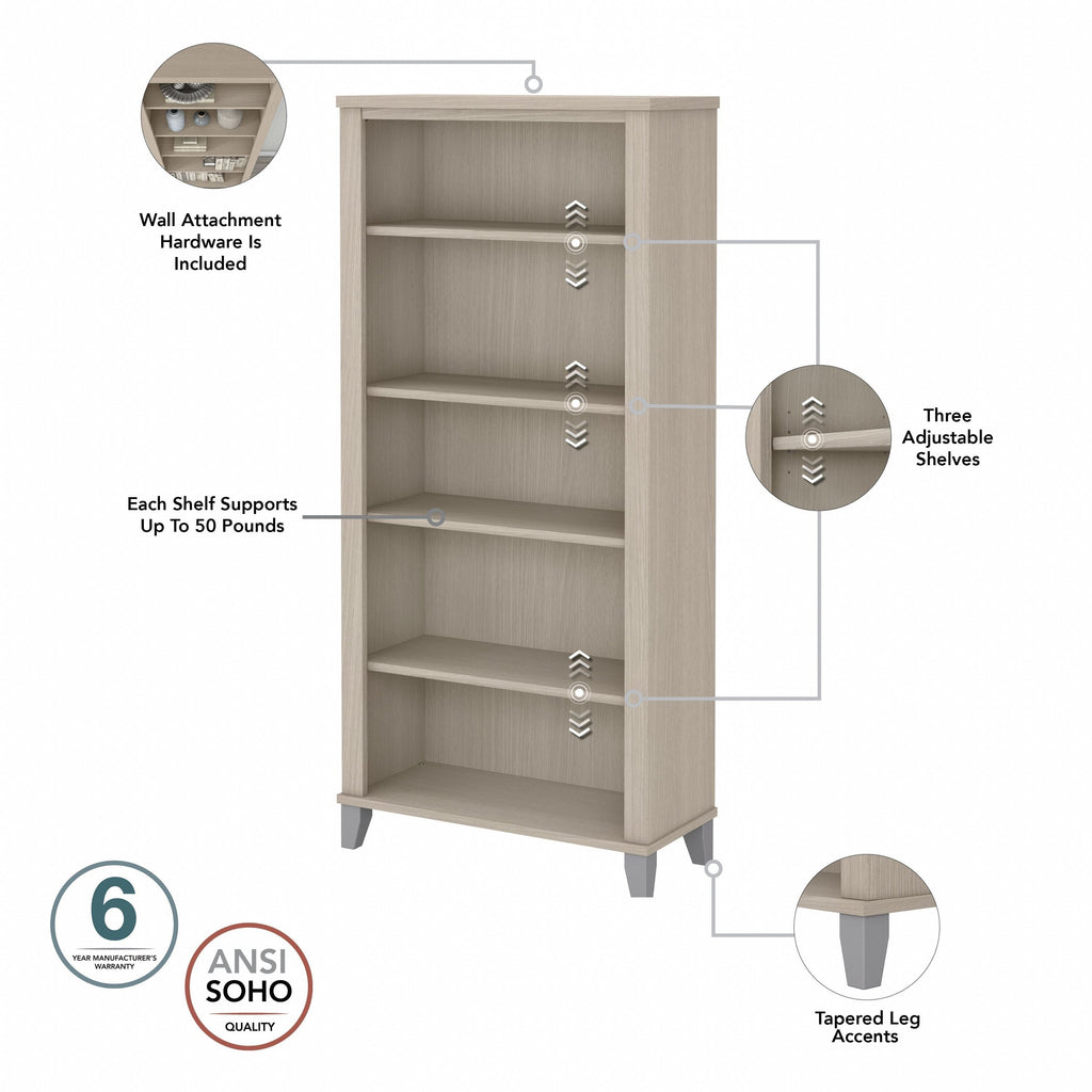 Libreria alta a 5 ripiani Somerset di Bush Furniture con ripiani regolabili