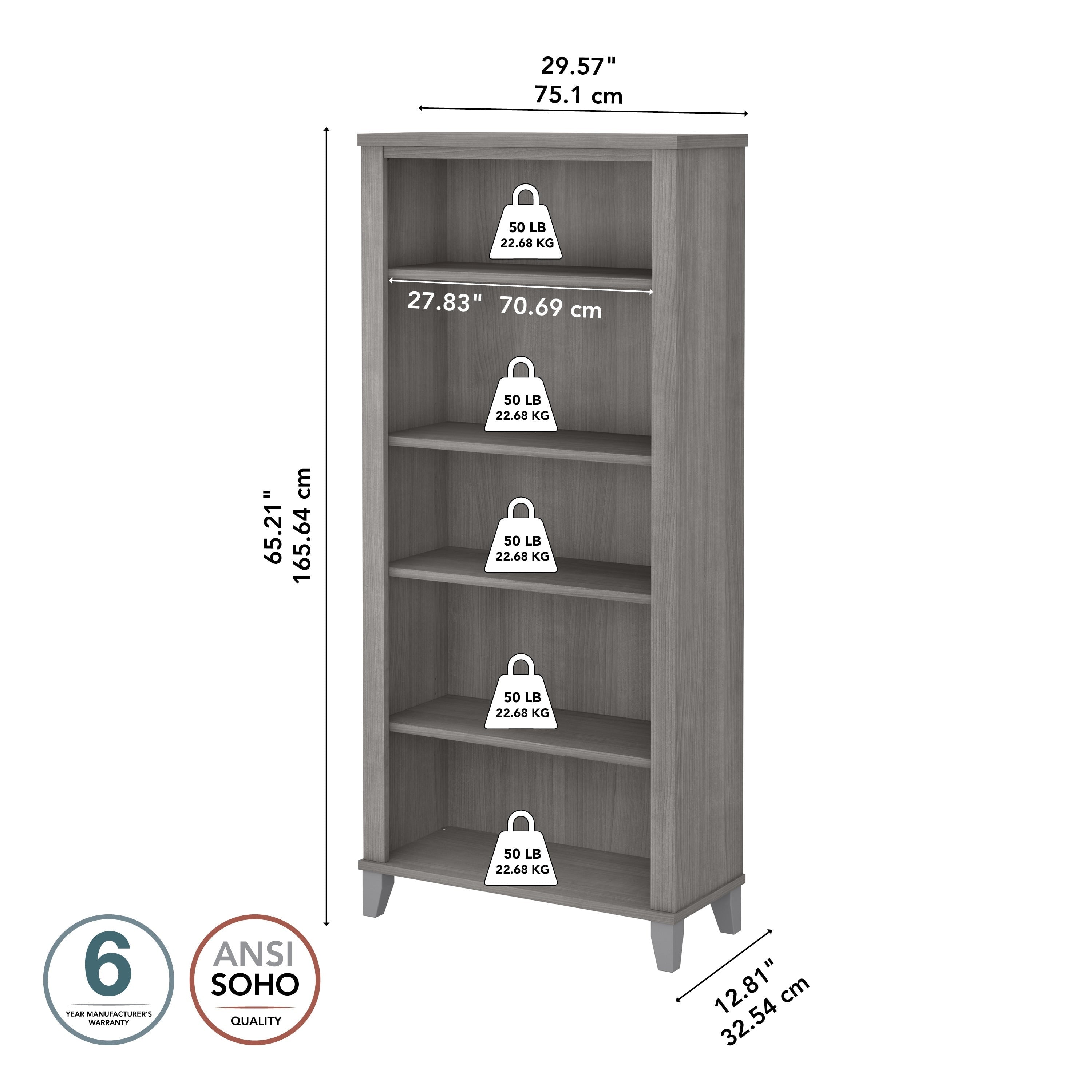 Libreria alta a 5 ripiani Somerset di Bush Furniture con ripiani regolabili