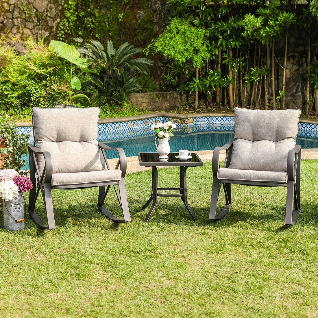 COSIEST - Set di 3 sedie a dondolo da esterno con tavolino laterale