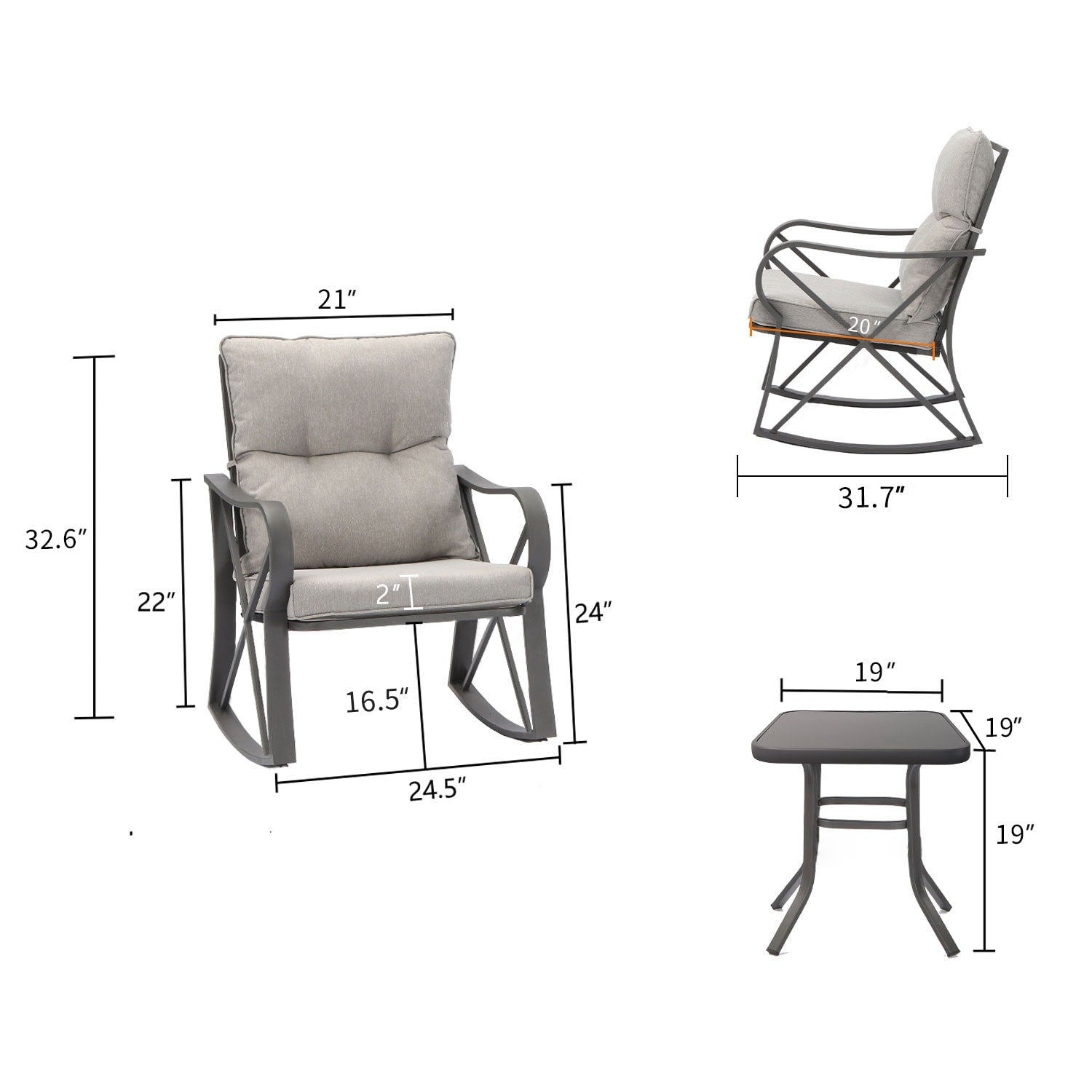COSIEST - Set di 3 sedie a dondolo da esterno con tavolino laterale