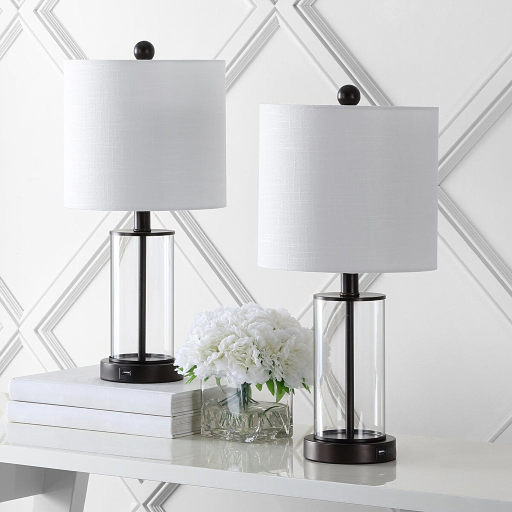 Lampada da tavolo a LED moderna e contemporanea Cabell 21 in vetro con ricarica USB, bronzo lucidato a olio (set da 2) di JONATHAN Y