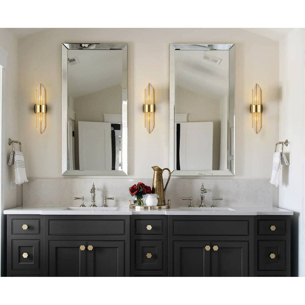 Applique da parete moderna in metallo Cabrera con bellissime aste in vetro trasparente per bagno, set da 2