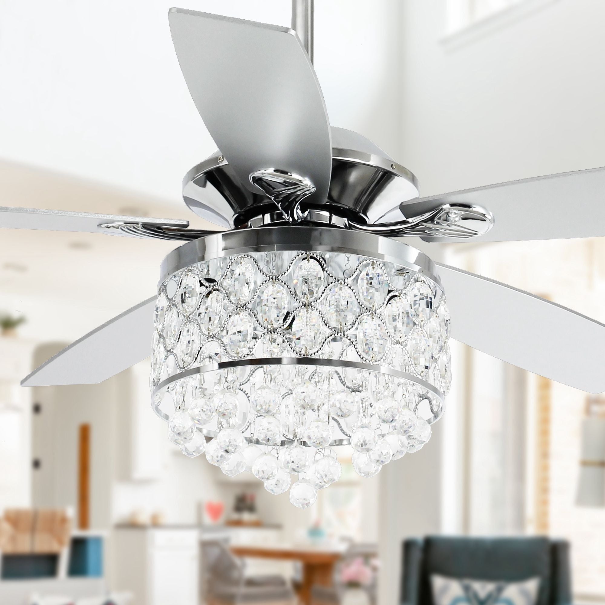 Lampadario/ventilatore da soffitto a 4 luci in cromo/cristallo con telecomando