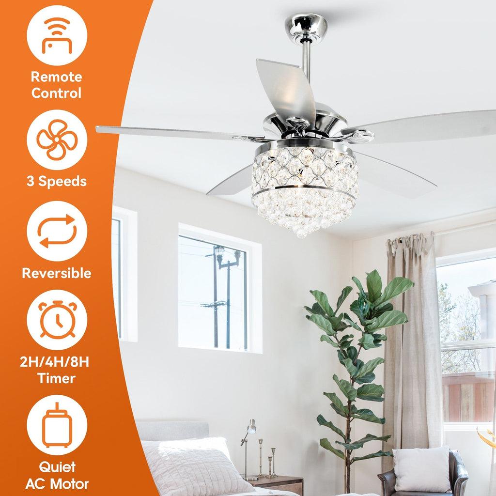 Lampadario/ventilatore da soffitto a 4 luci in cromo/cristallo con telecomando