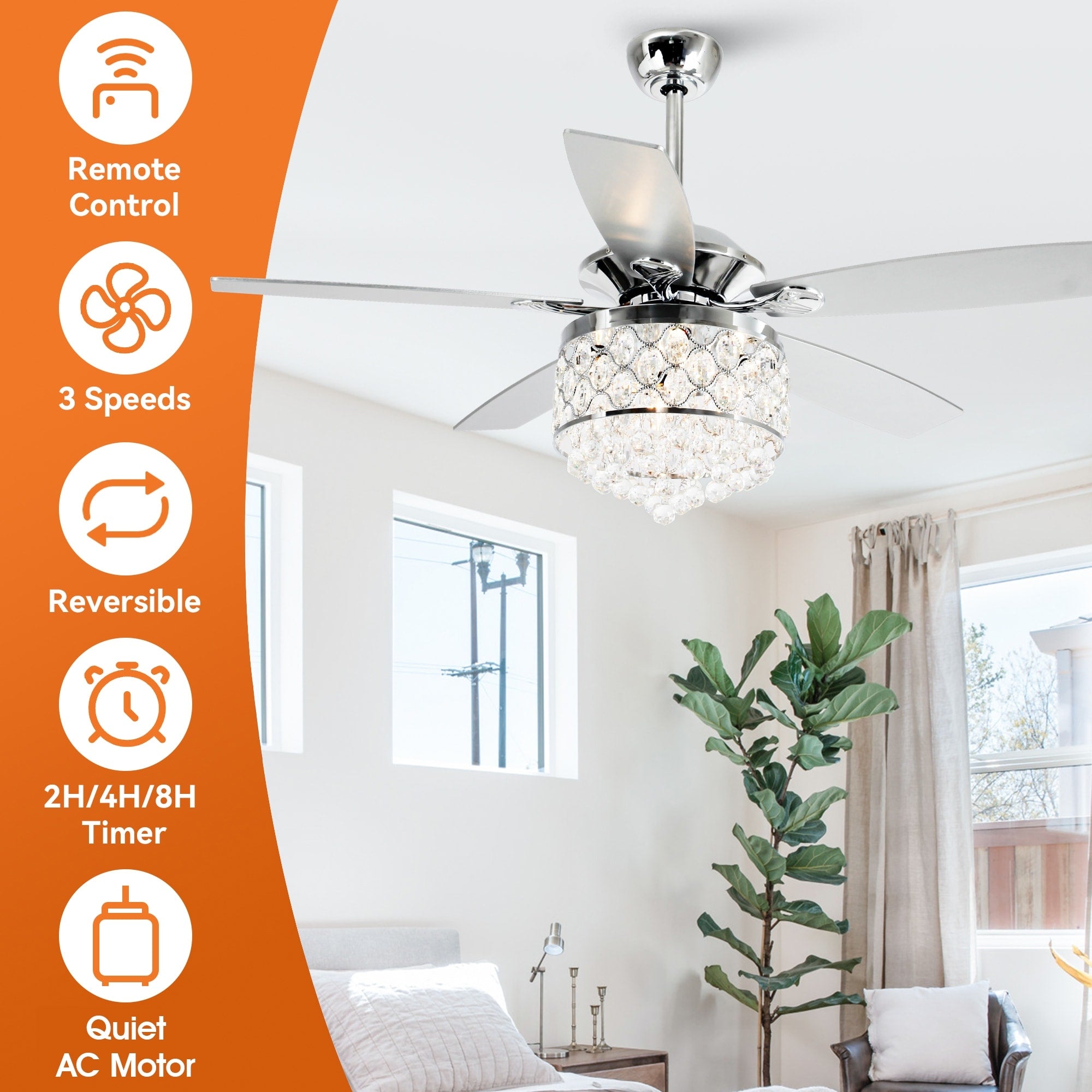 Lampadario/ventilatore da soffitto a 4 luci in cromo/cristallo con telecomando