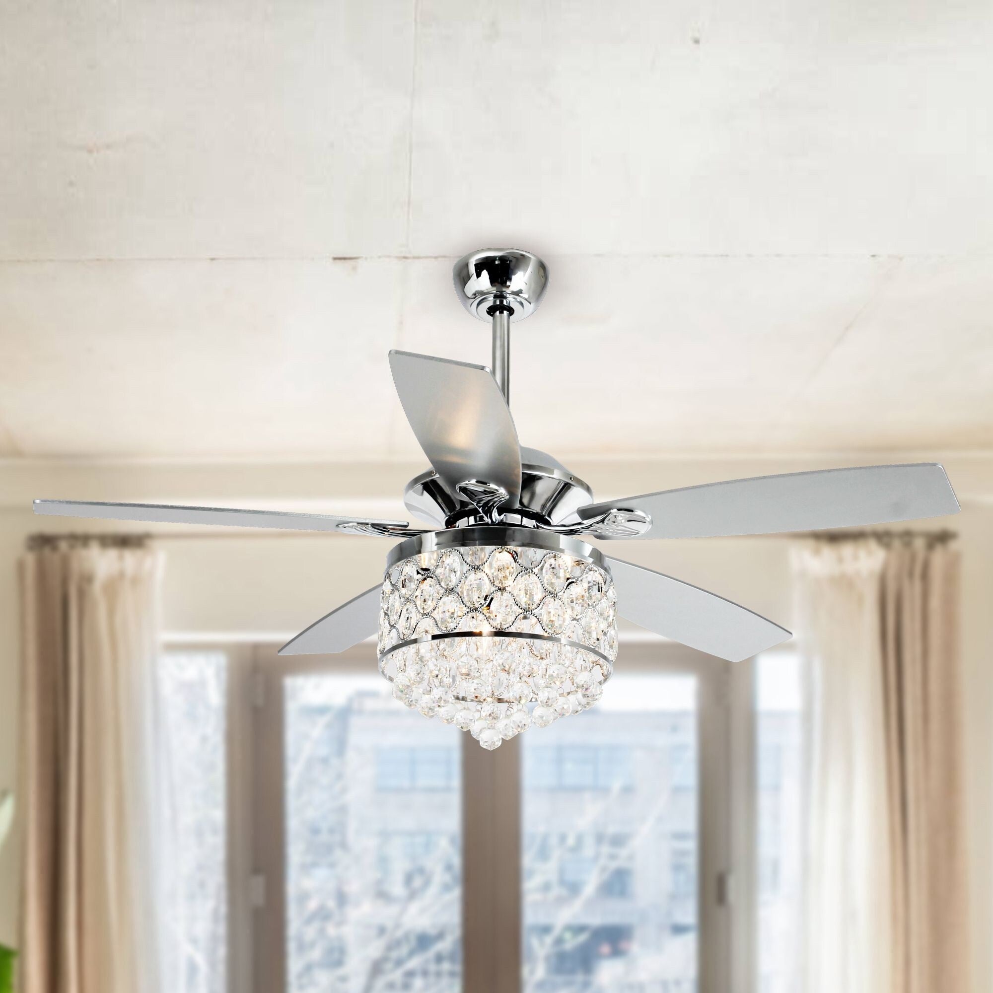 Lampadario/ventilatore da soffitto a 4 luci in cromo/cristallo con telecomando
