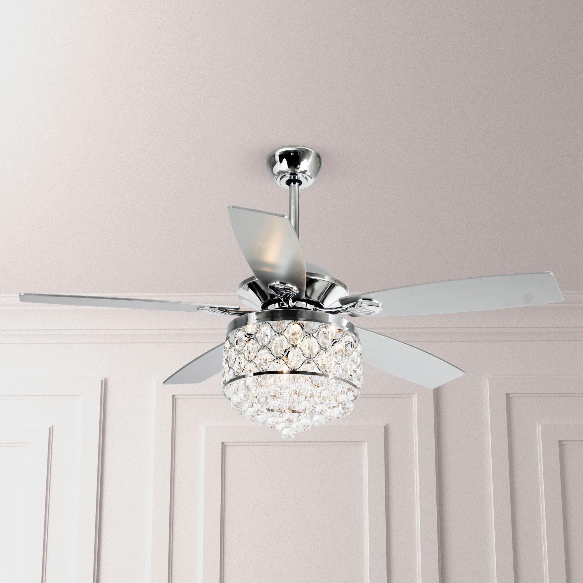 Lampadario/ventilatore da soffitto a 4 luci in cromo/cristallo con telecomando