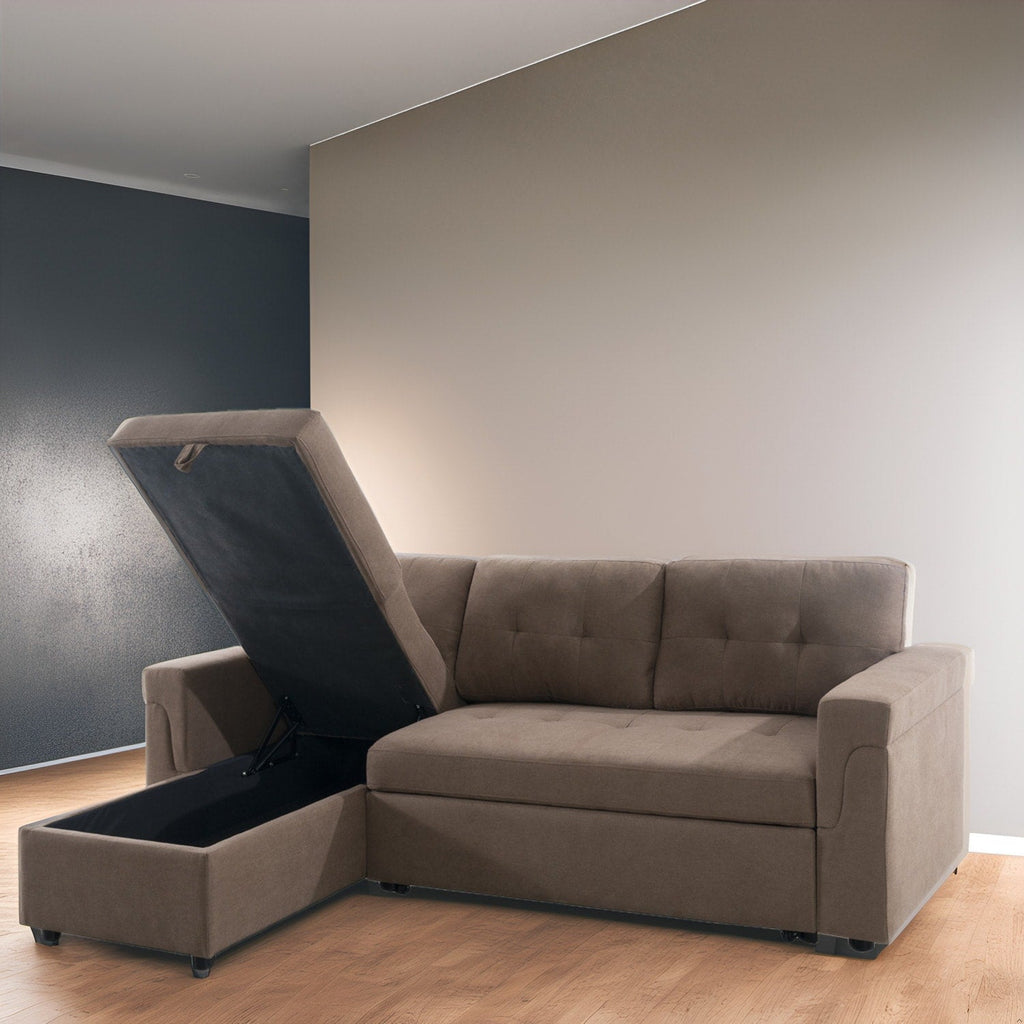 Divano componibile reversibile con letto estraibile, chaise longue con contenitore nascosto e gambe resistenti