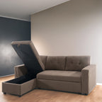 Divano componibile reversibile con letto estraibile, chaise longue con contenitore nascosto e gambe resistenti