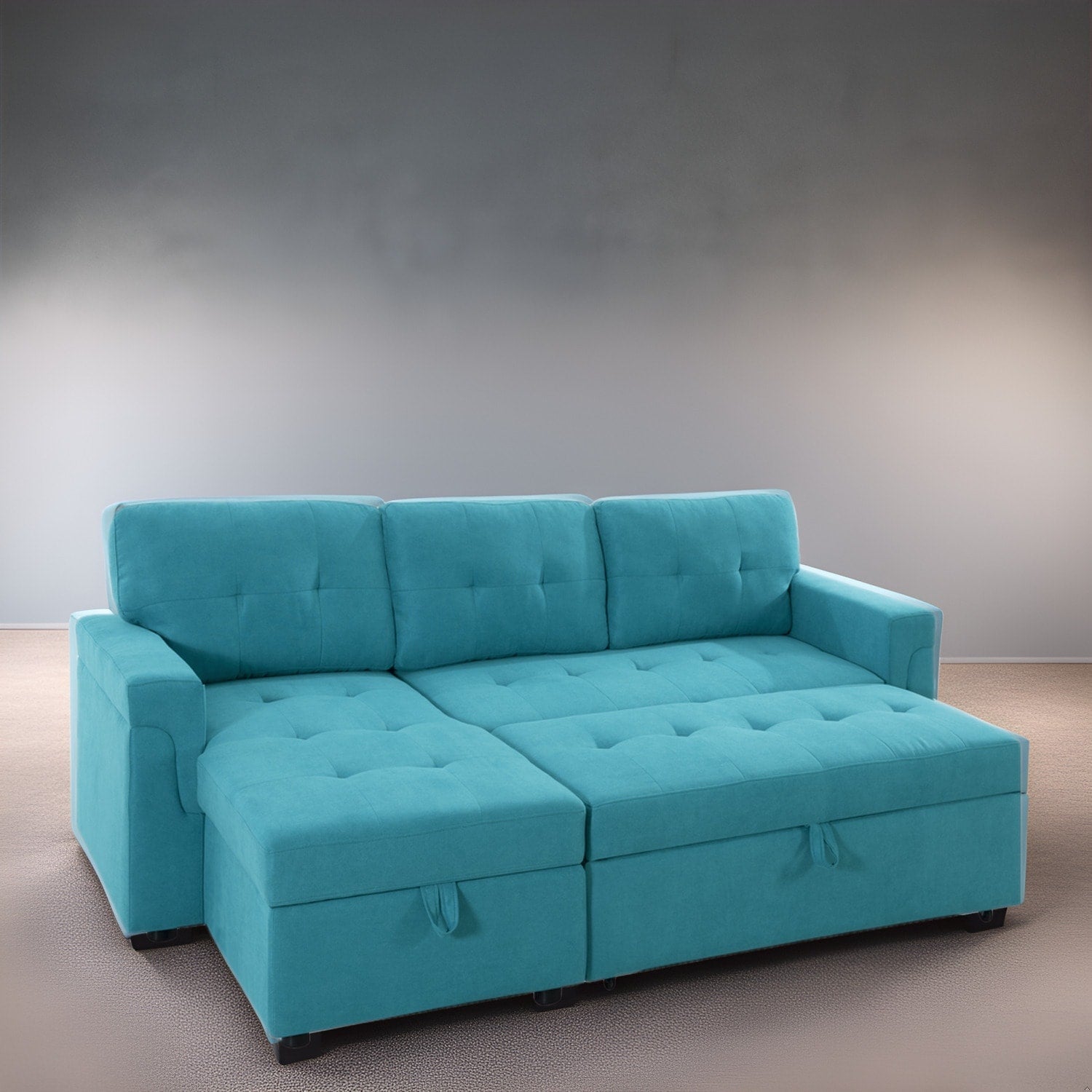 Divano componibile reversibile con letto estraibile, chaise longue con contenitore nascosto e gambe resistenti