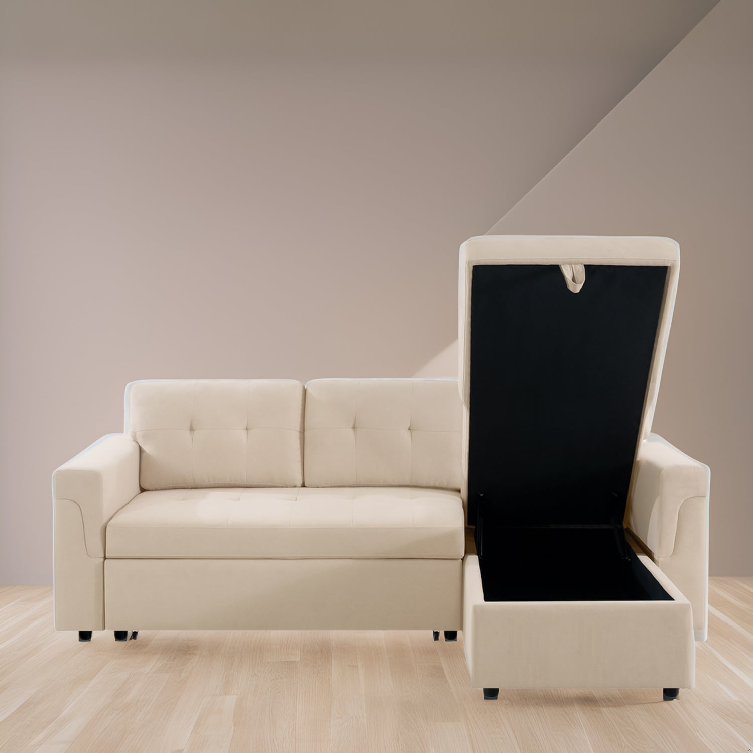 Divano componibile reversibile con letto estraibile, chaise longue con contenitore nascosto e gambe resistenti