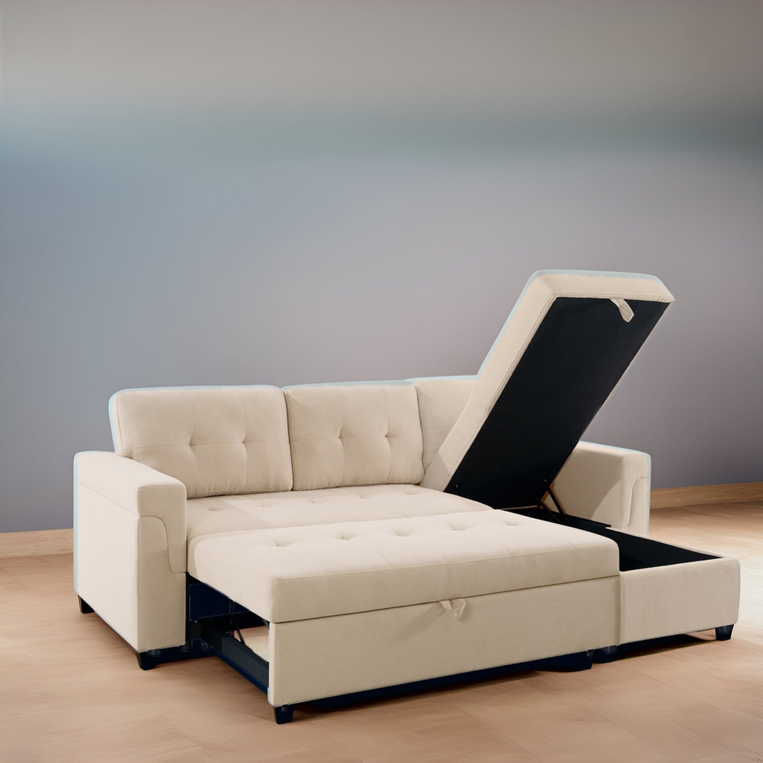 Divano componibile reversibile con letto estraibile, chaise longue con contenitore nascosto e gambe resistenti