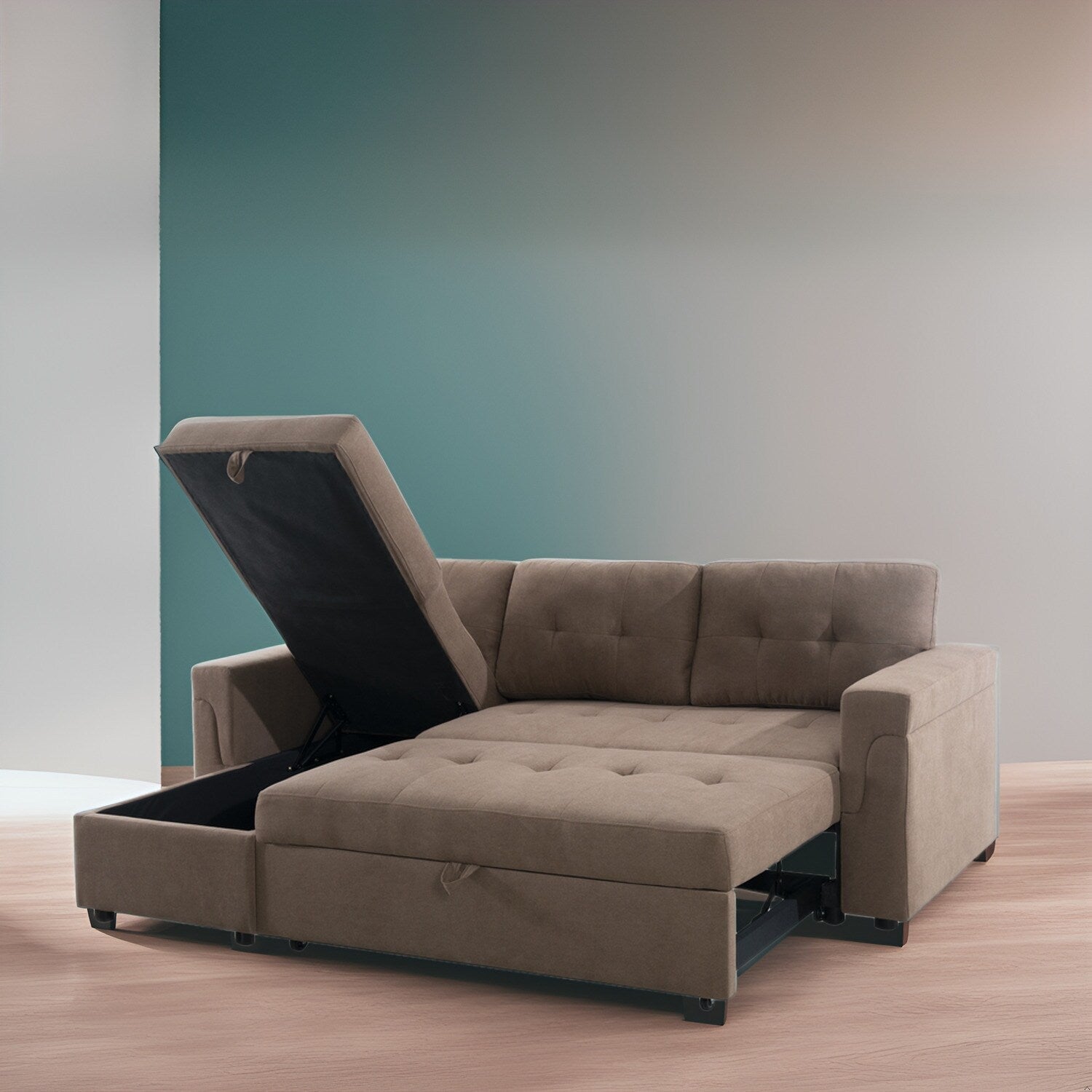 Divano componibile reversibile con letto estraibile, chaise longue con contenitore nascosto e gambe resistenti