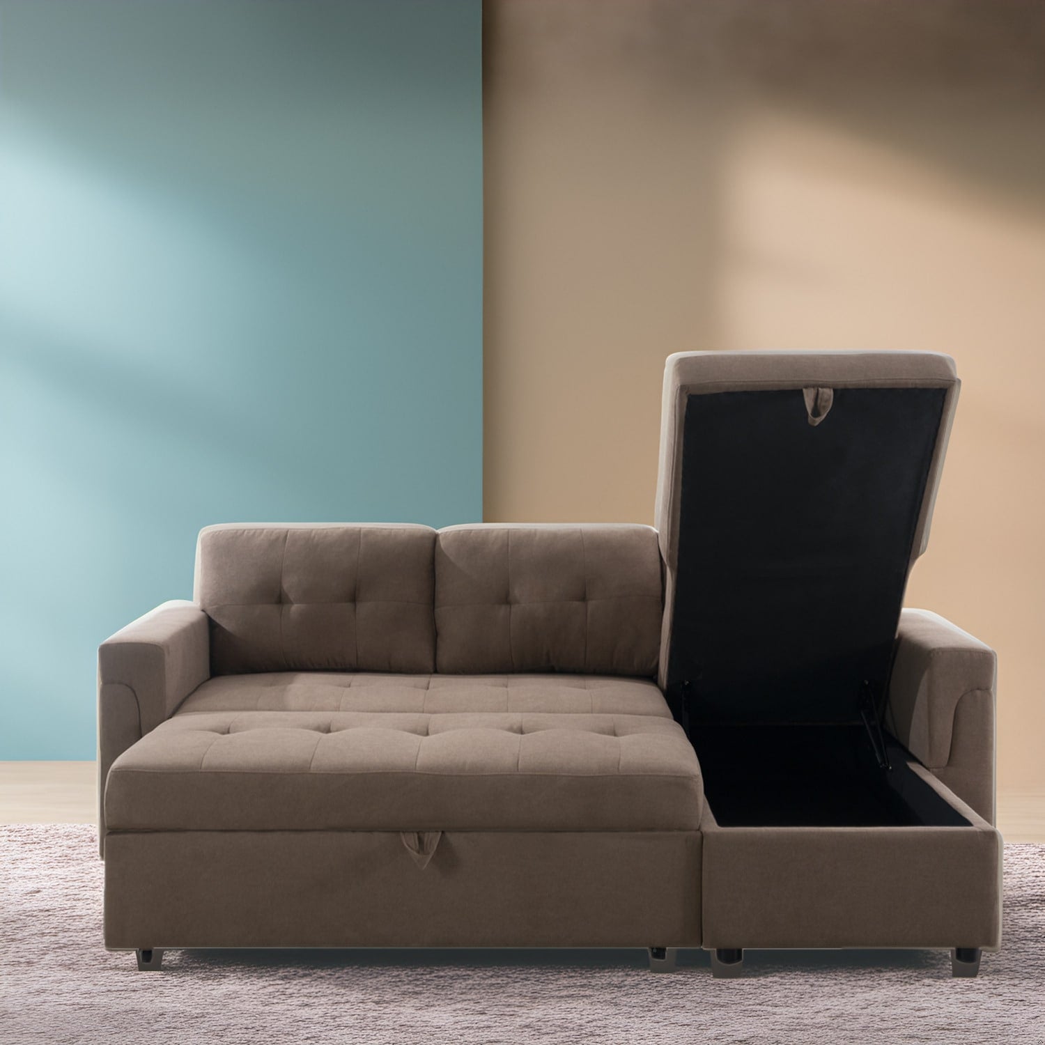 Divano componibile reversibile con letto estraibile, chaise longue con contenitore nascosto e gambe resistenti