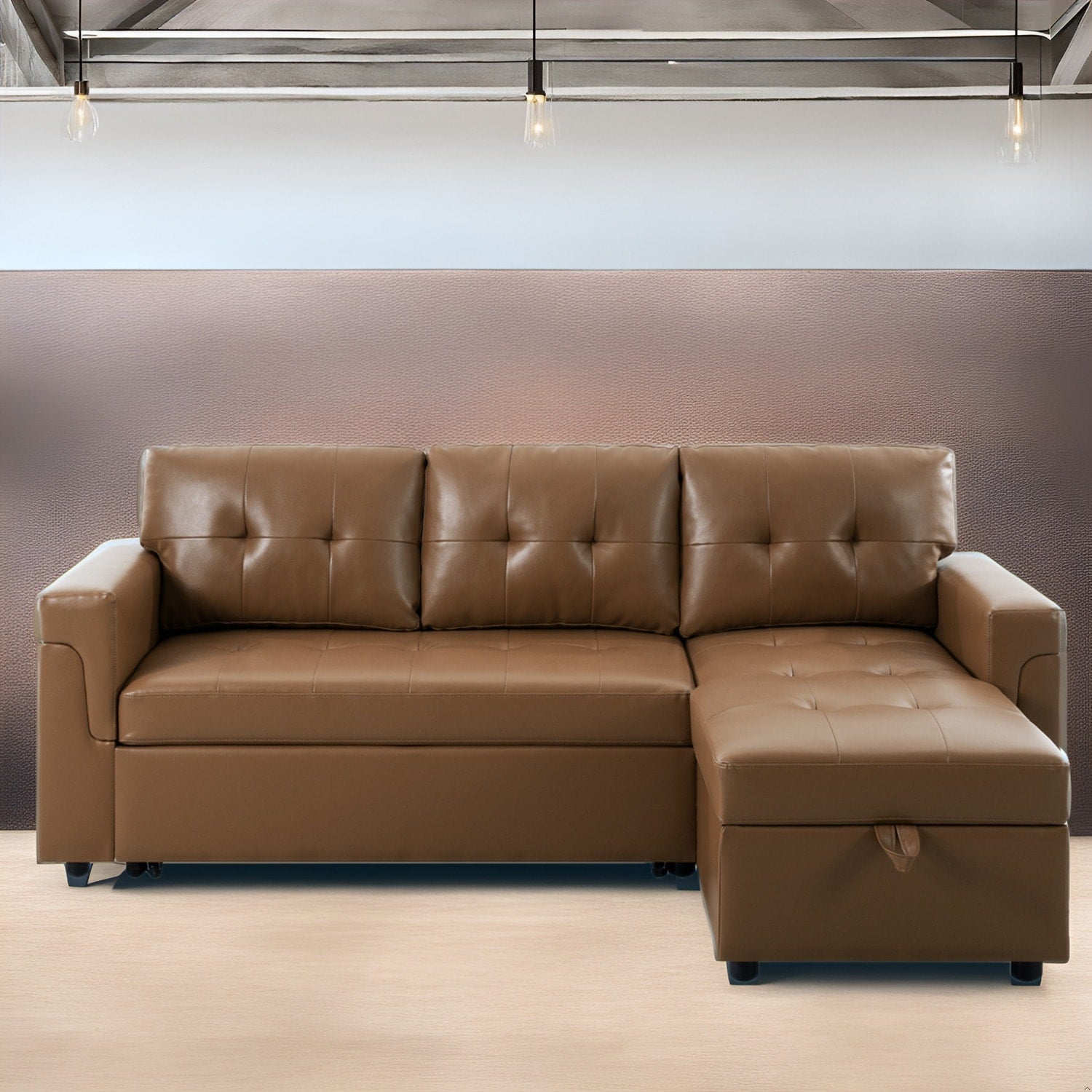 Divano componibile reversibile con letto estraibile, chaise longue con contenitore nascosto e gambe resistenti