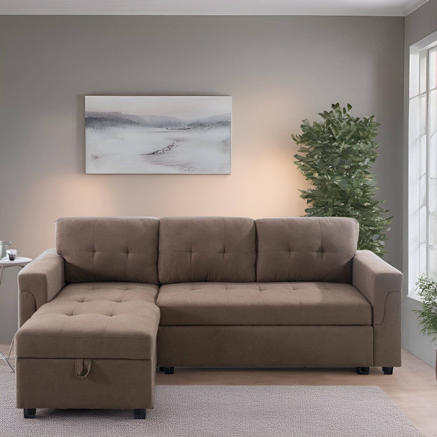 Divano componibile reversibile con letto estraibile, chaise longue con contenitore nascosto e gambe resistenti
