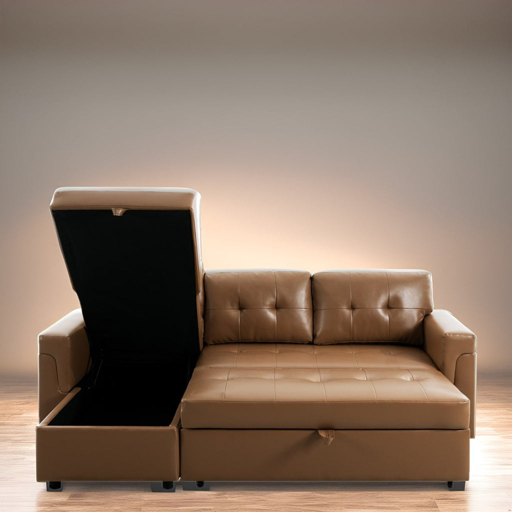 Divano componibile reversibile con letto estraibile, chaise longue con contenitore nascosto e gambe resistenti
