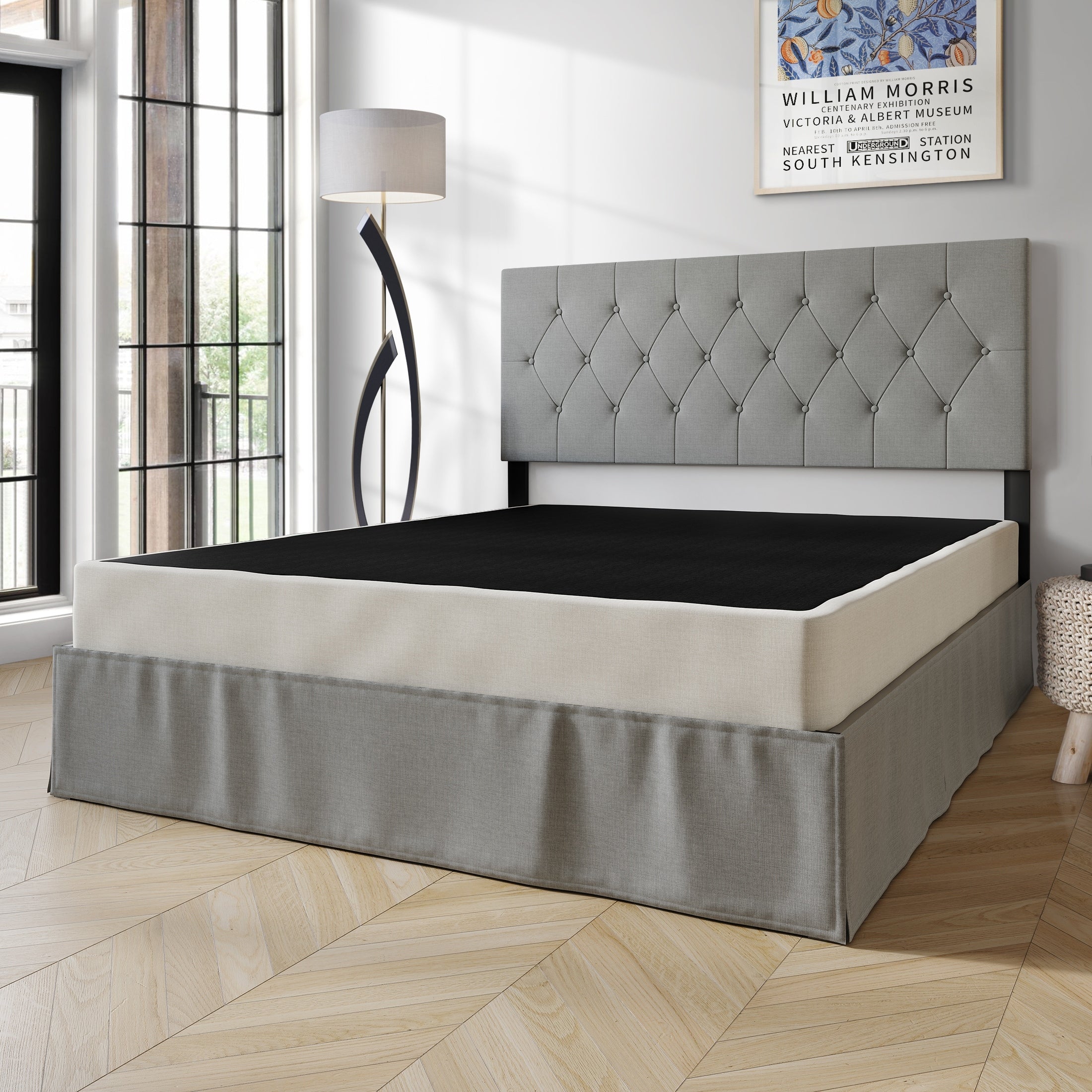 Base per letto a molle in legno massello CraftPorch da 5 pollici con doghe in legno e rivestimento in lino grigio caldo