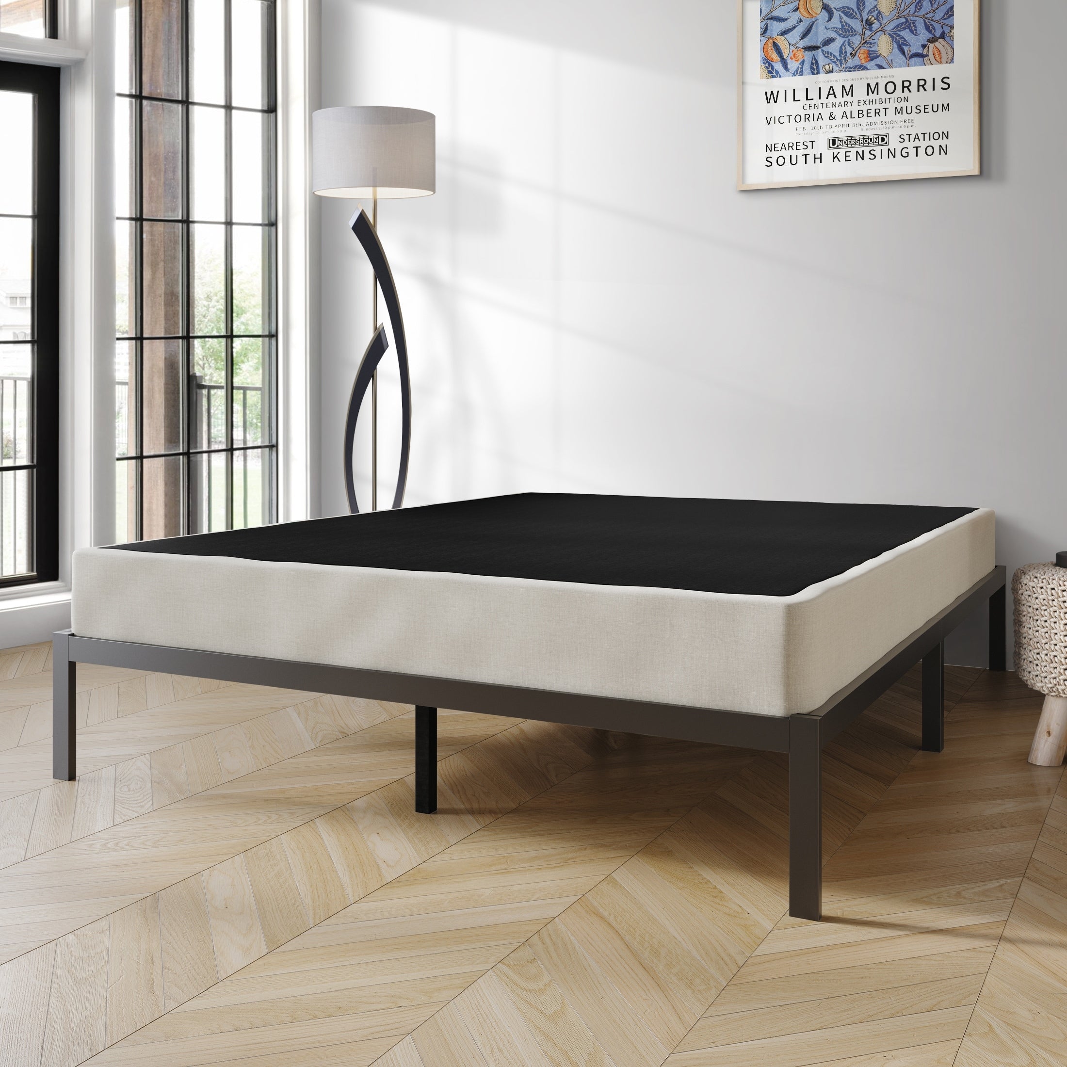 Base per letto a molle in legno massello CraftPorch da 5 pollici con doghe in legno e rivestimento in lino grigio caldo