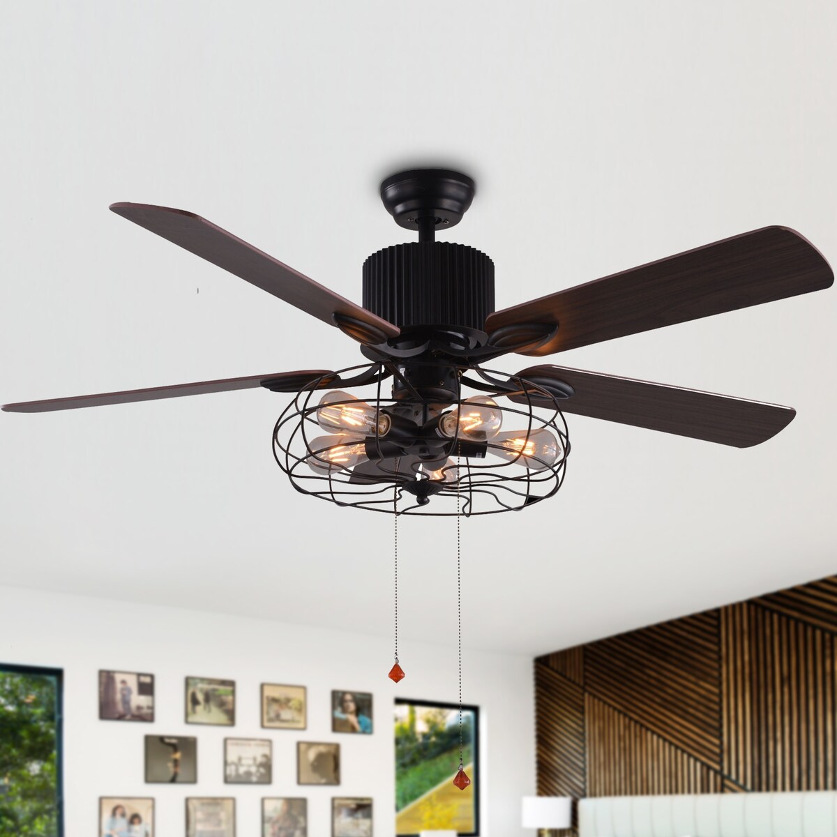 Ventilatore da soffitto CurveCurio Farmhouse Industrial a 5 luci con gabbia nera, luce, telecomando e catenella da 42-48-52 pollici