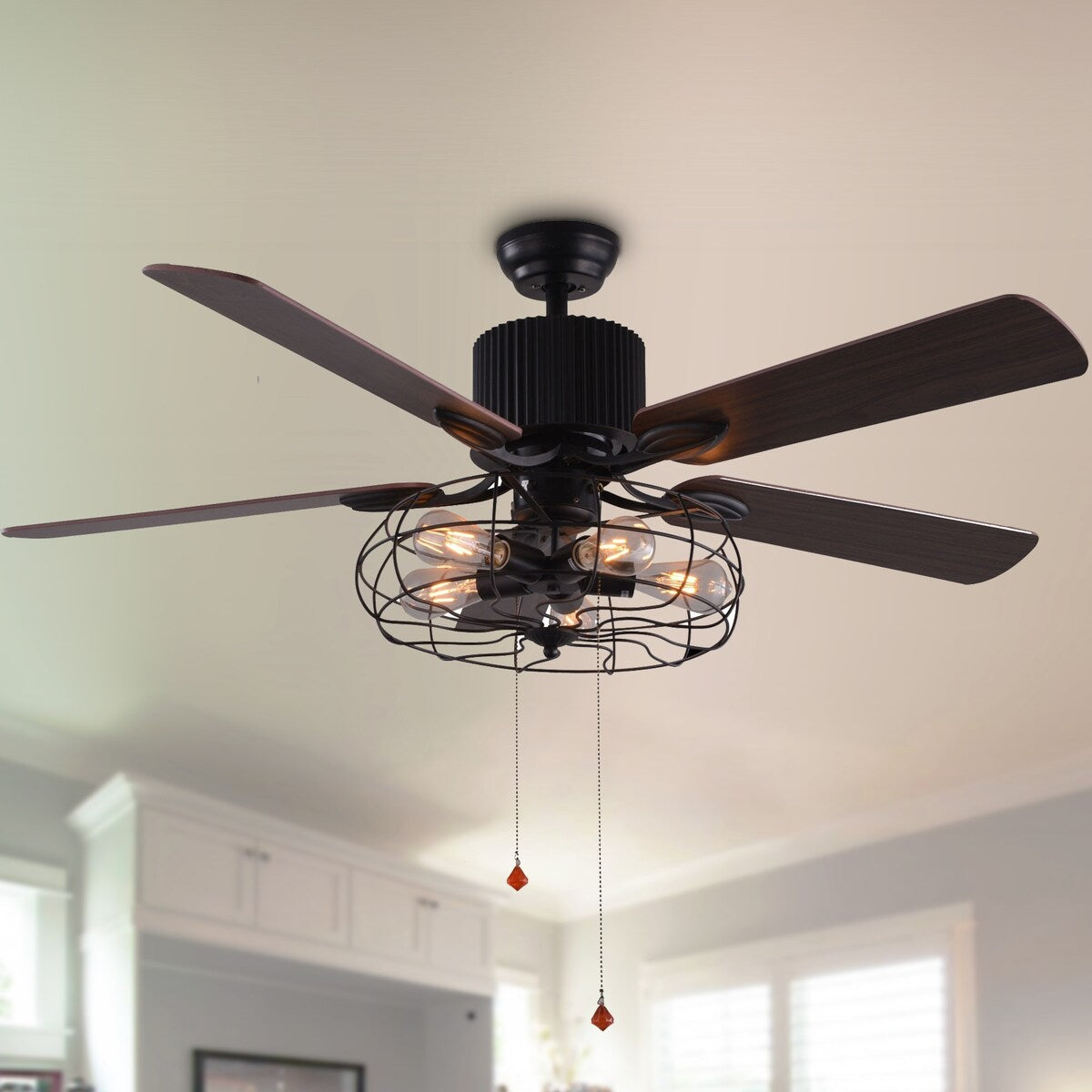 Ventilatore da soffitto CurveCurio Farmhouse Industrial a 5 luci con gabbia nera, luce, telecomando e catenella da 42-48-52 pollici