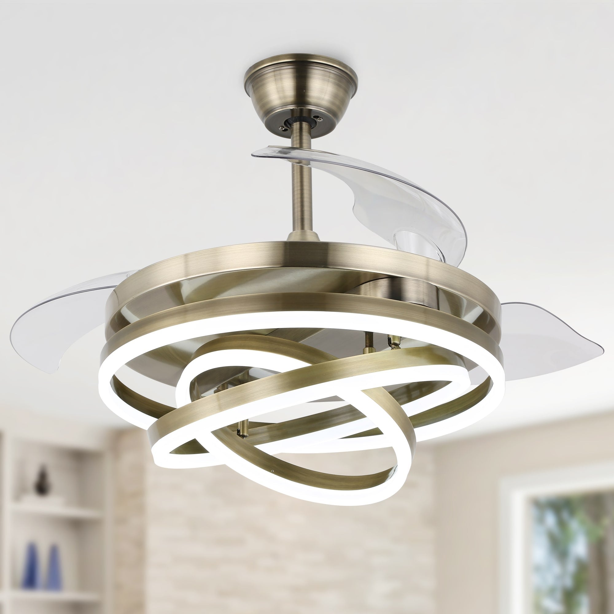 Ventilatore da soffitto retrattile Cusp Barn 42 con luci e telecomando, fai da te, forma Fandelier, moderno, silenzioso, luce da soffitto a LED con motore DC