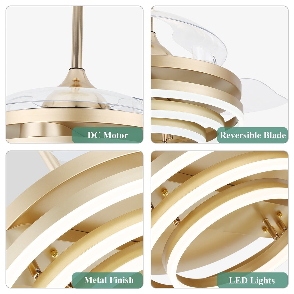 Ventilatore da soffitto retrattile Cusp Barn 42 con luci e telecomando, fai da te, forma Fandelier, moderno, silenzioso, luce da soffitto a LED con motore DC