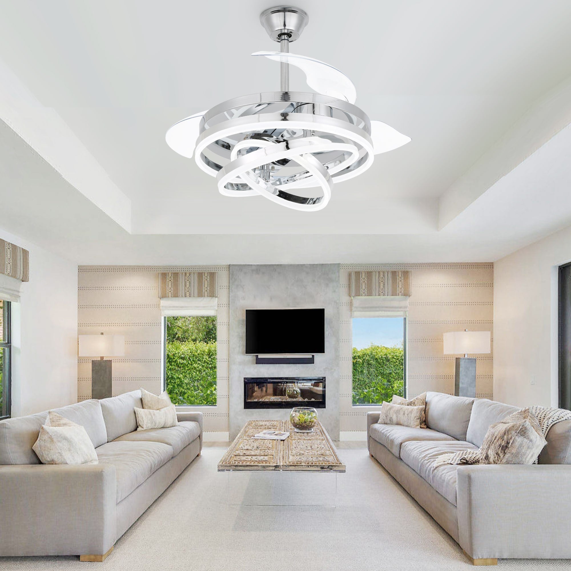 Ventilatore da soffitto retrattile Cusp Barn 42 con luci e telecomando, fai da te, forma Fandelier, moderno, silenzioso, luce da soffitto a LED con motore DC