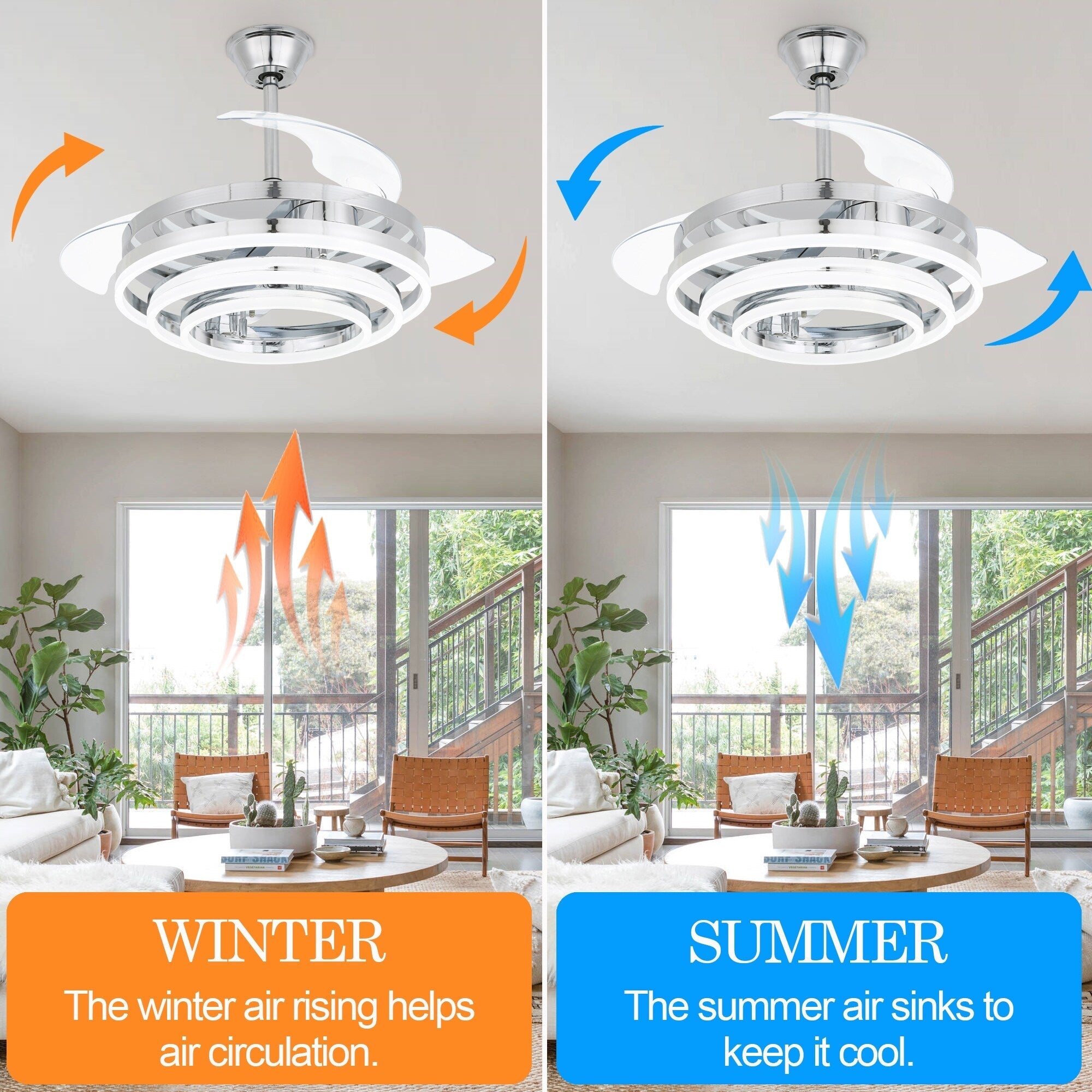 Ventilatore da soffitto retrattile Cusp Barn 42 con luci e telecomando, fai da te, forma Fandelier, moderno, silenzioso, luce da soffitto a LED con motore DC