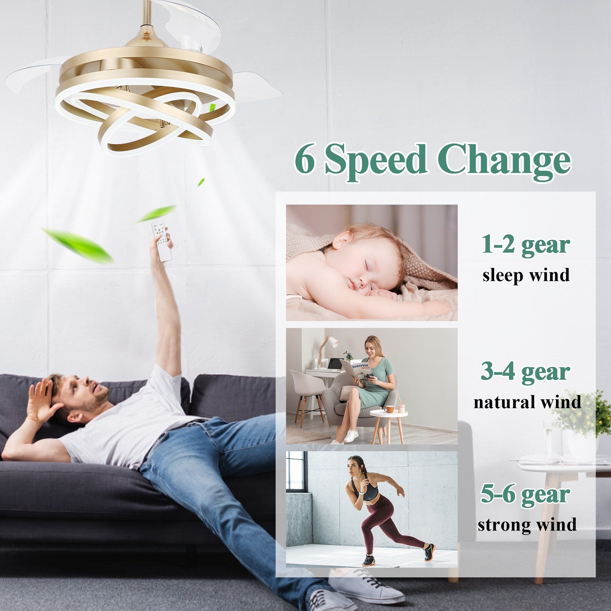 Ventilatore da soffitto retrattile Cusp Barn 42 con luci e telecomando, fai da te, forma Fandelier, moderno, silenzioso, luce da soffitto a LED con motore DC