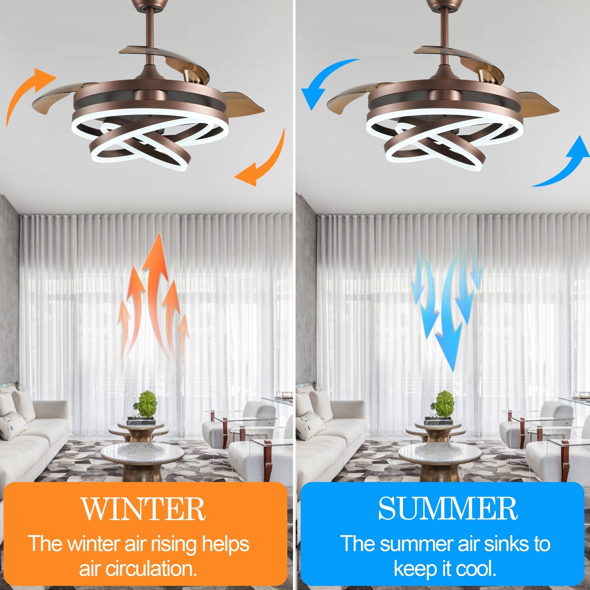 Ventilatore da soffitto retrattile Cusp Barn 42 con luci e telecomando, fai da te, forma Fandelier, moderno, silenzioso, luce da soffitto a LED con motore DC