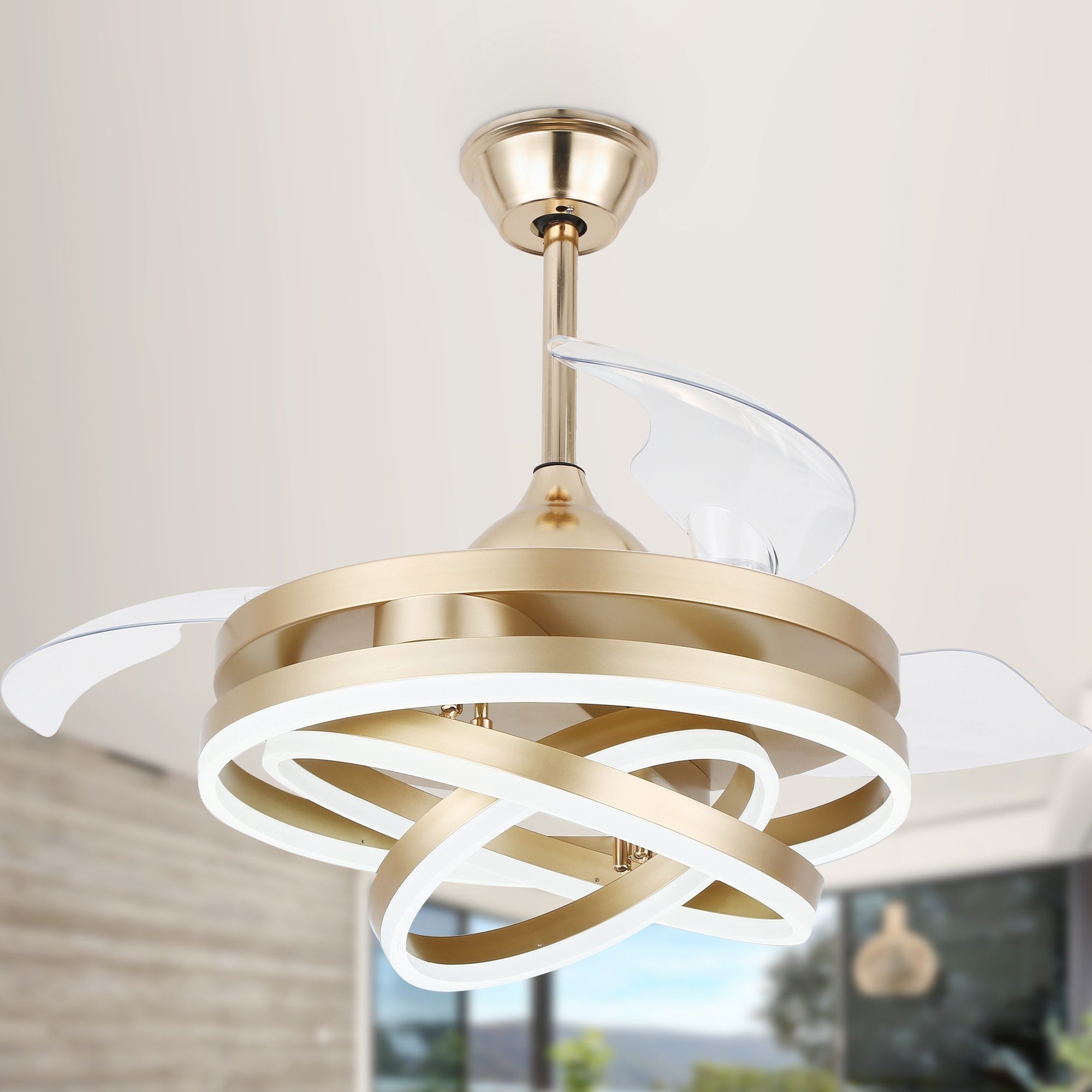 Ventilatore da soffitto retrattile Cusp Barn 42 con luci e telecomando, fai da te, forma Fandelier, moderno, silenzioso, luce da soffitto a LED con motore DC