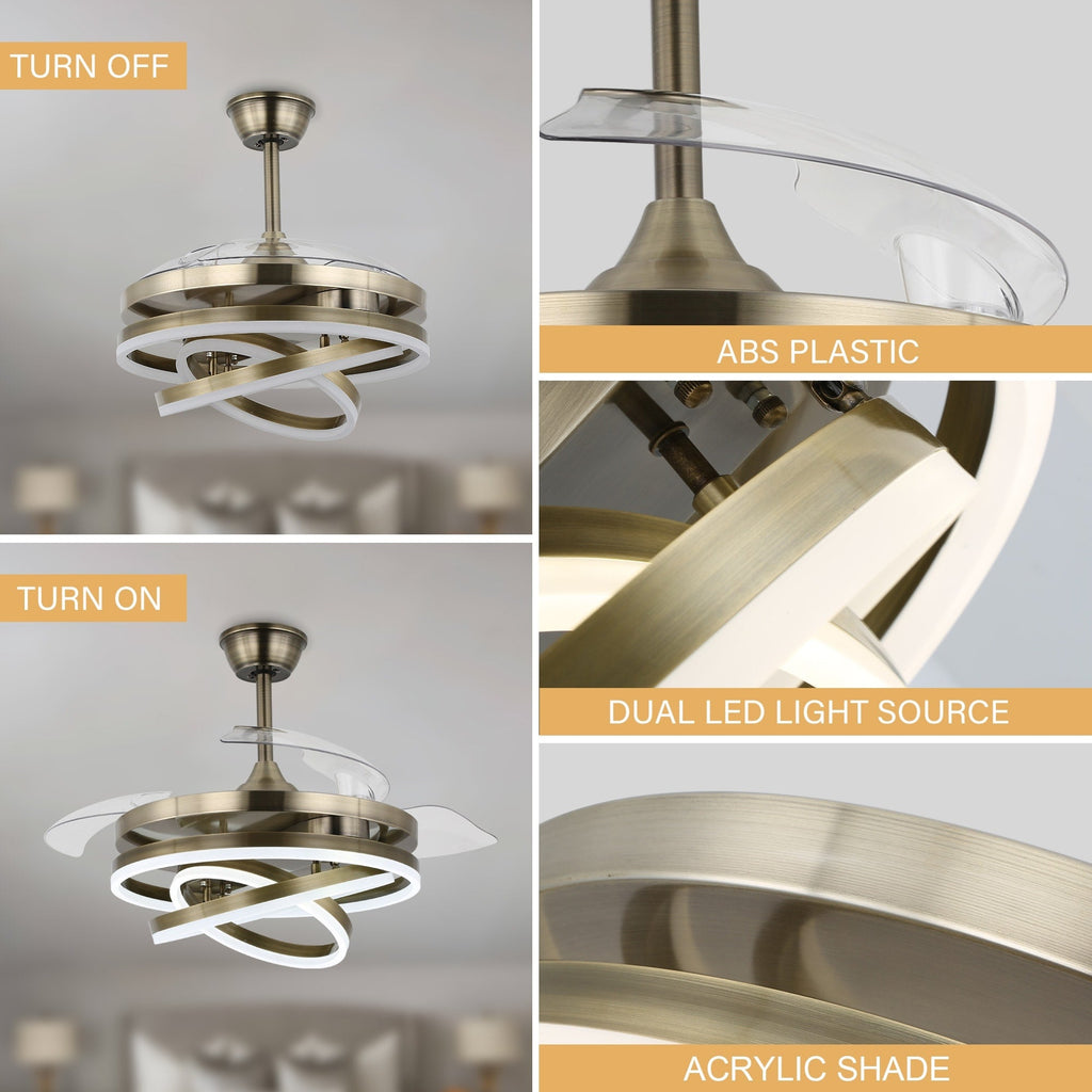 Ventilatore da soffitto retrattile Cusp Barn 42 con luci e telecomando, fai da te, forma Fandelier, moderno, silenzioso, luce da soffitto a LED con motore DC