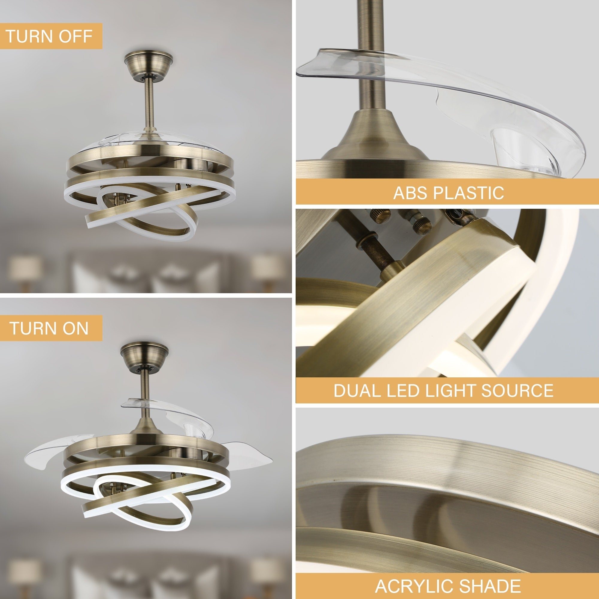 Ventilatore da soffitto retrattile Cusp Barn 42 con luci e telecomando, fai da te, forma Fandelier, moderno, silenzioso, luce da soffitto a LED con motore DC